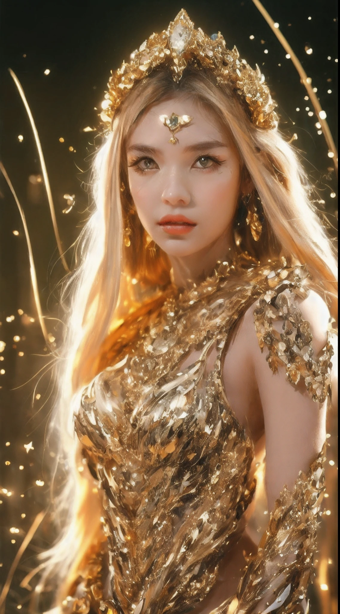(Blonde 1。3 Lots of hair1。3 Delicate hair 1。2),(Big red eyes+gold-wire glasses:1.2+Intellectual beauty:1.1),"Crystal face lines sparkle on the forehead",femele,delicate depiction of skin,The gold-tone metal dragon headdress pattern is clear。