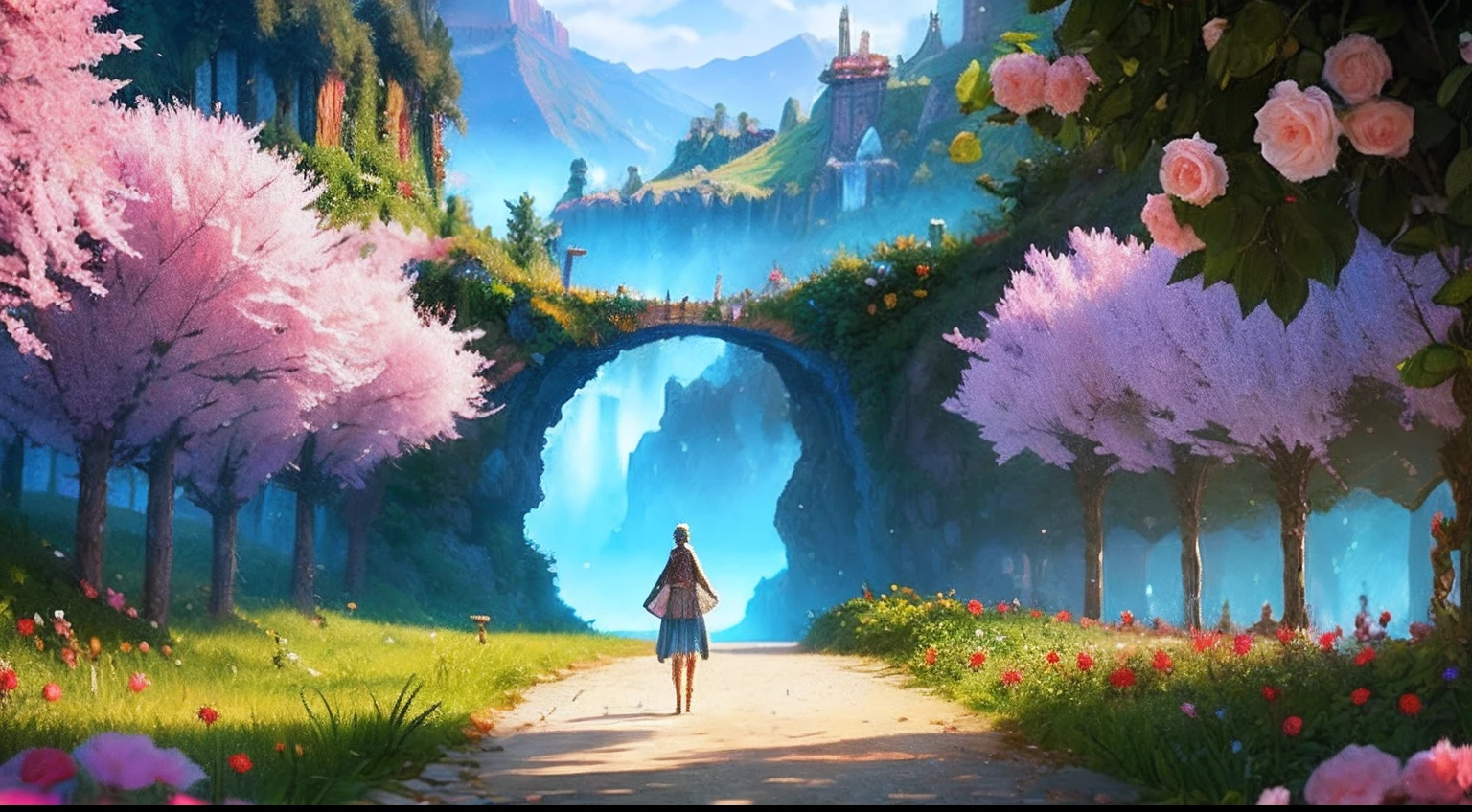 pixel game,scenography,fantastical scenes,a paradise,roses all around, Pixel art #pixelart