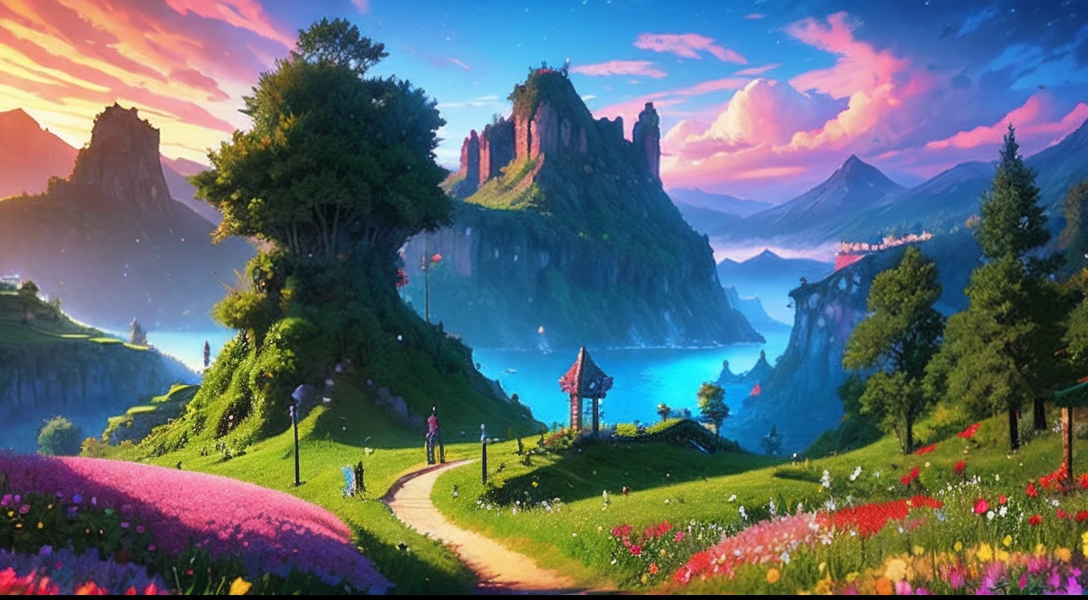 pixel game,scenography,fantastical scenes,a paradise,roses all around, Pixel art #pixelart