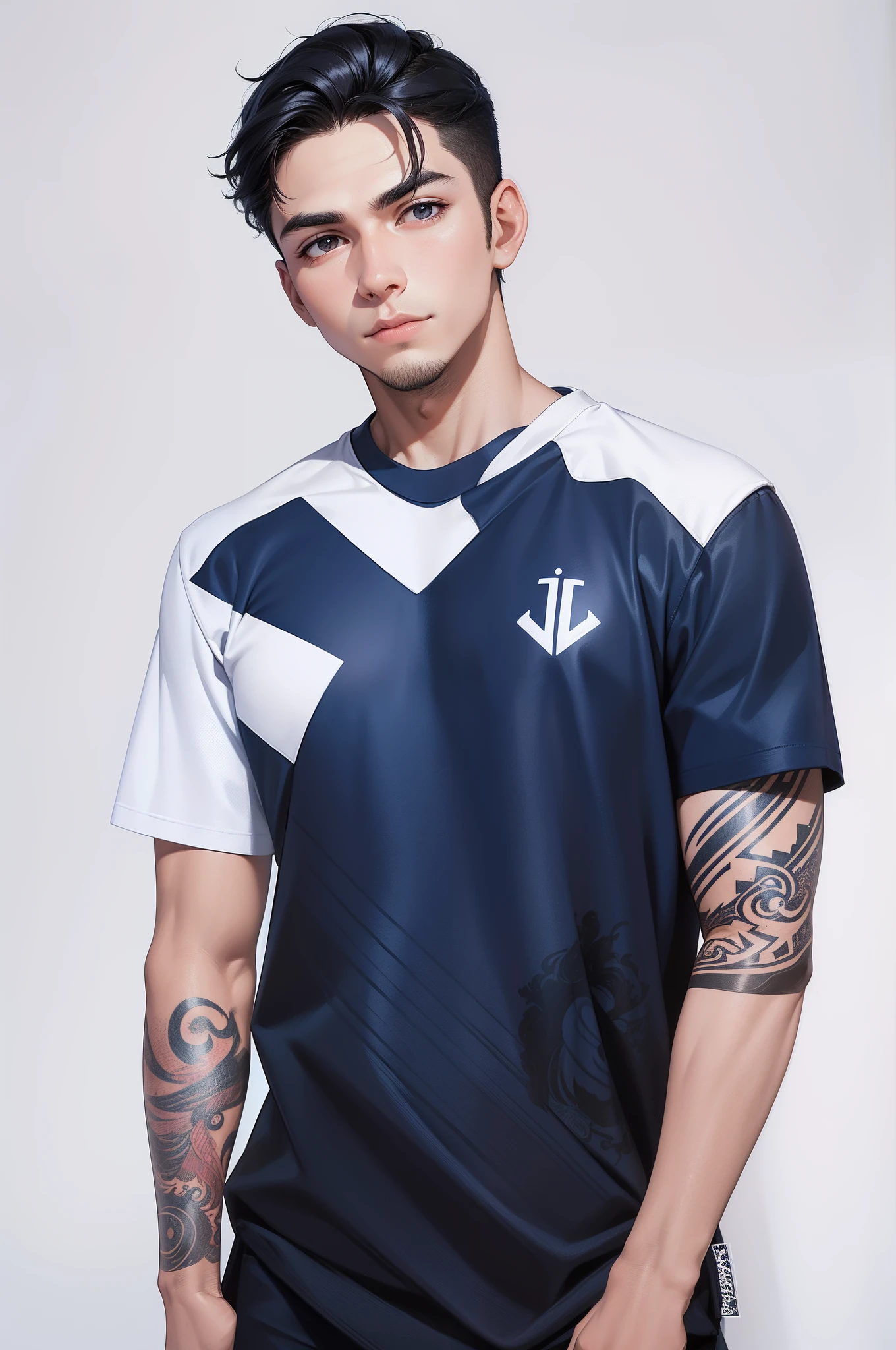 Attractive profile picture, masterpiece, ultra-precise rendering, beautiful and cool young man, dependable young man, savior of the world, simple design, most beautiful image, 4K, blue black hair, wavy hair, sixpack body, amazing sleeve tattoo