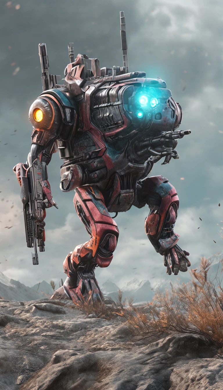 A creature whose body is made of a firearm, a pistol growing out of its body, a fusion of a rifle and a human, a human made of a weapon, an absurdity never seen before,(8K, 16 K, Super Detail), high details, Best Quality:1.2, hight resolution, High quality, masutepiece:1.4,He shoots lasers from his eyes and takes aim,countless pistols,A laser gun is coming out of its mouth.