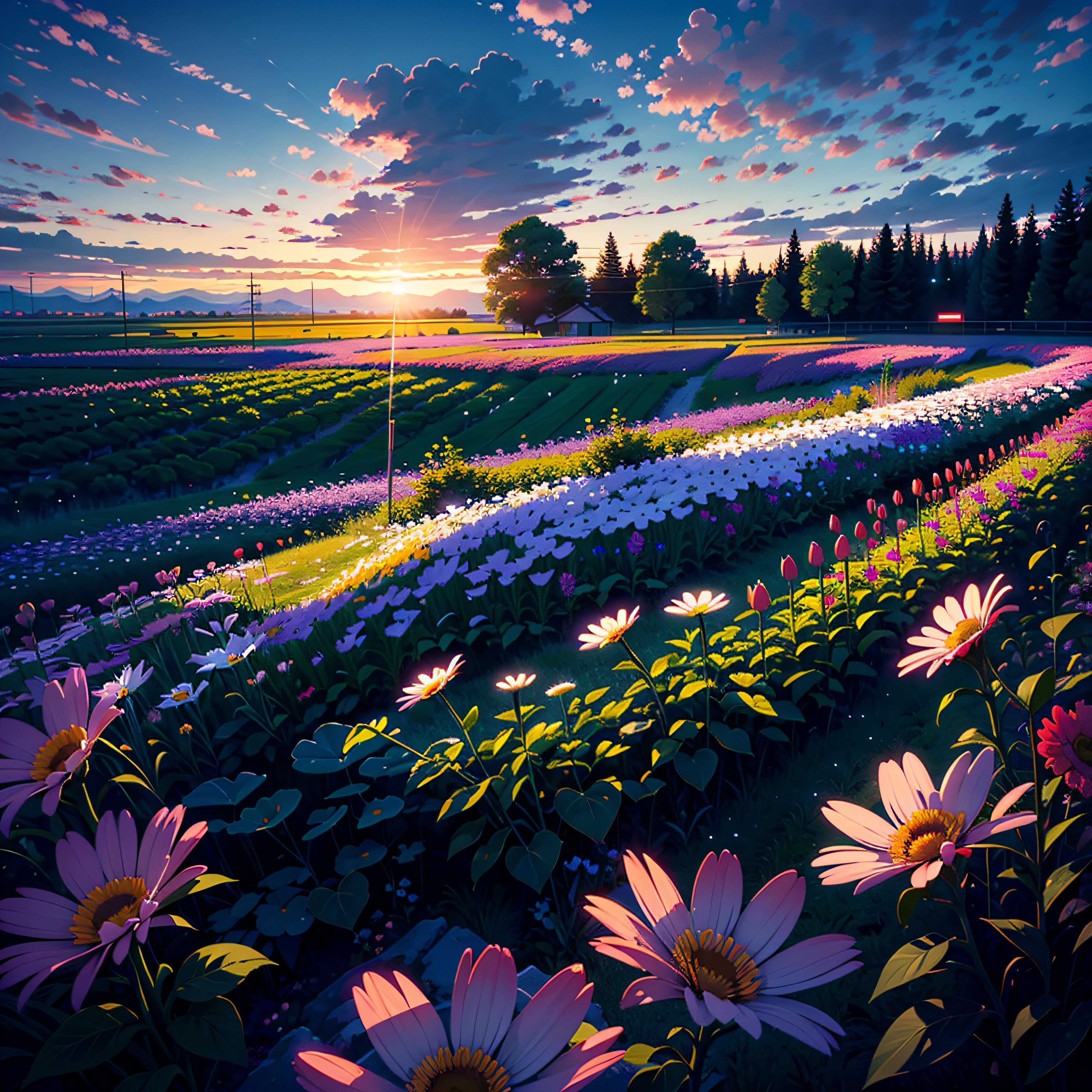 field, ((field of neon flowers)), clouds, sunrise
