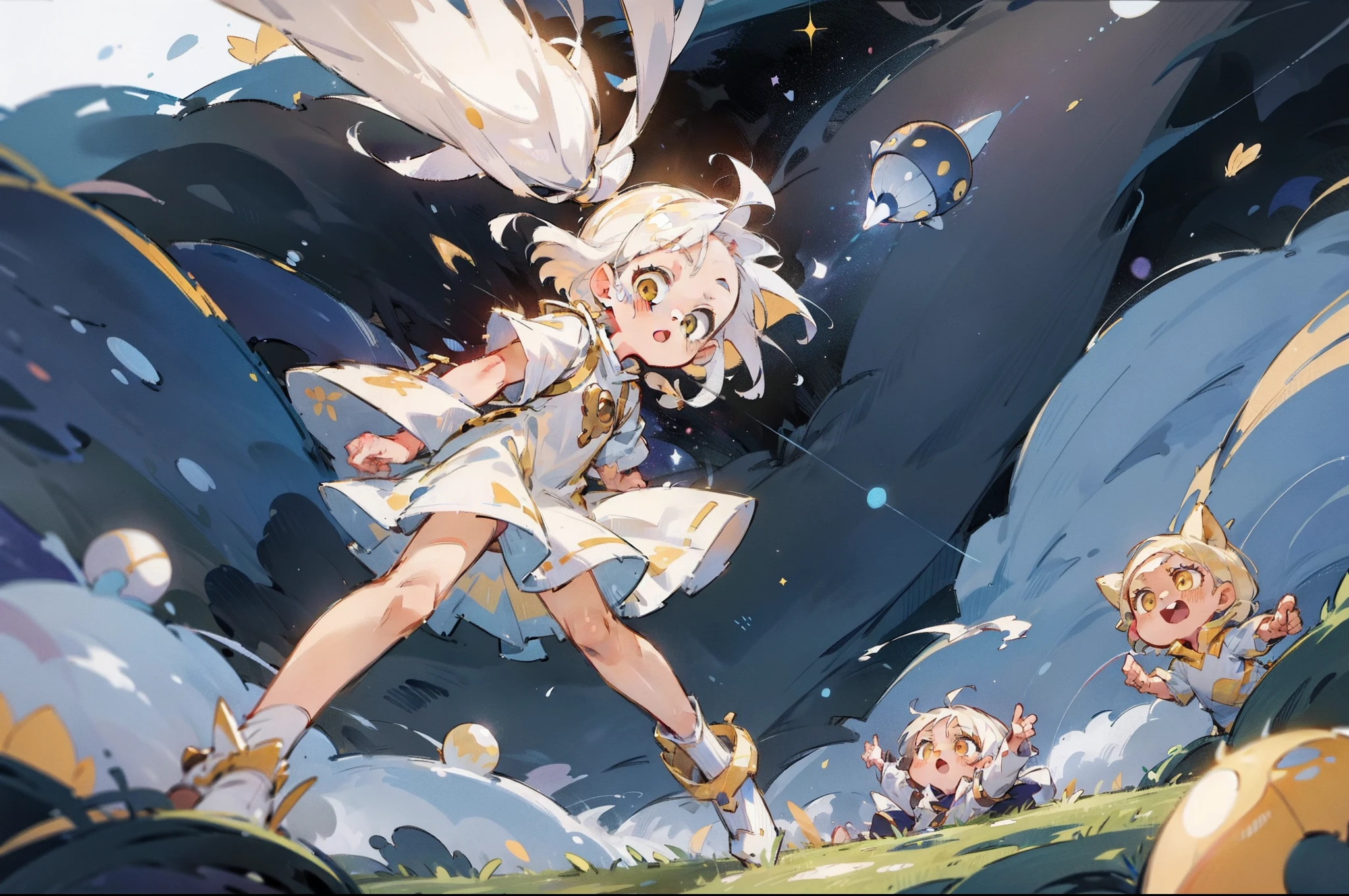 highly details, Hyper-detailing,8K, Super high resolution Two cute and naïve kids playing in space,Children,Children,(6 years old boy:with short white hair,Yellow eyes,White priest dress),(6year old girl:long white hair,dual horsetail,Yellow eyes,White priest dress,shift dresses),Play in space,Bask in starlight,galactic,deep blue background