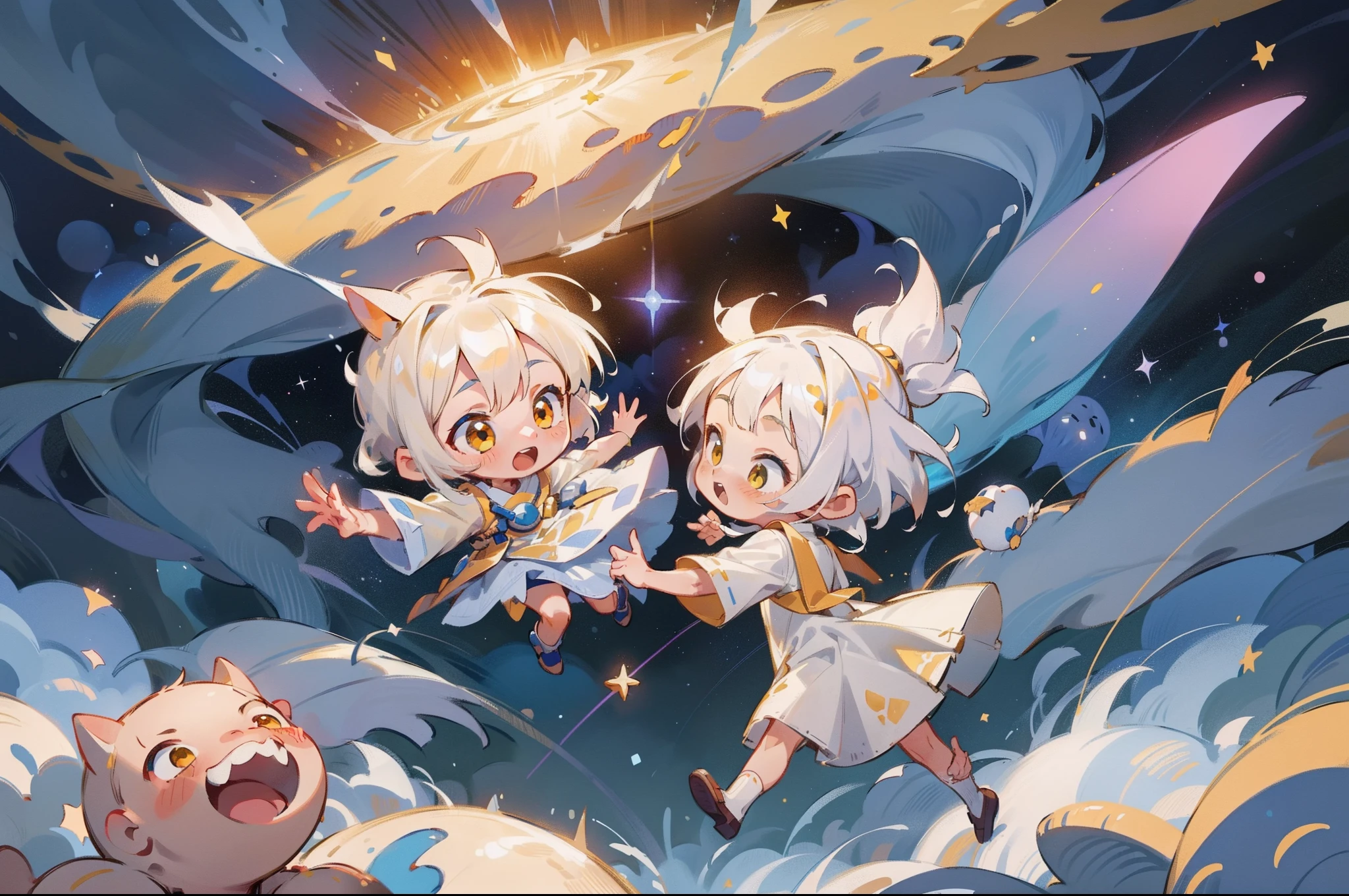 highly details, Hyper-detailing,8K， Super high resolution Two cute and naïve kids playing in space，Children，Children，（6 years old boy：with short white hair，Yellow eyes，White priest dress），（6year old girl：long  white hair，dual horsetail，Yellow eyes，White priest dress，shift dresses），Play in space，Bask in starlight，galactic，deep blue background