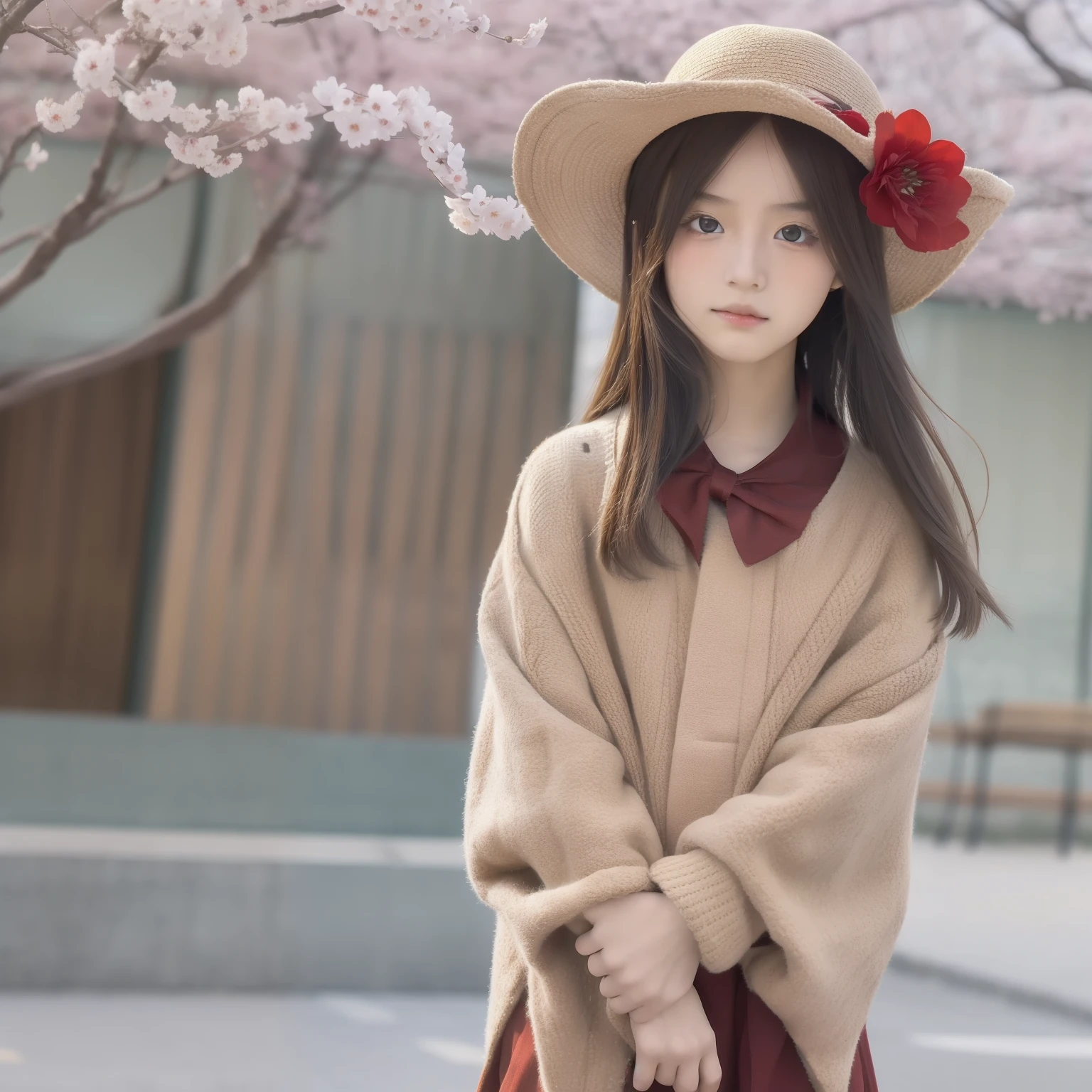 2d, masterpiece, best quality, anime, highly detailed eyes, highly detailed face, highly detailed background, perfect lighting, cowboy shot, feet out of frame, 1girl, solo, standing, hu tao \(genshin impact\), symbol-shaped pupils, flower-shaped pupils, hat, red flower, red eyes, cherry blossoms ,