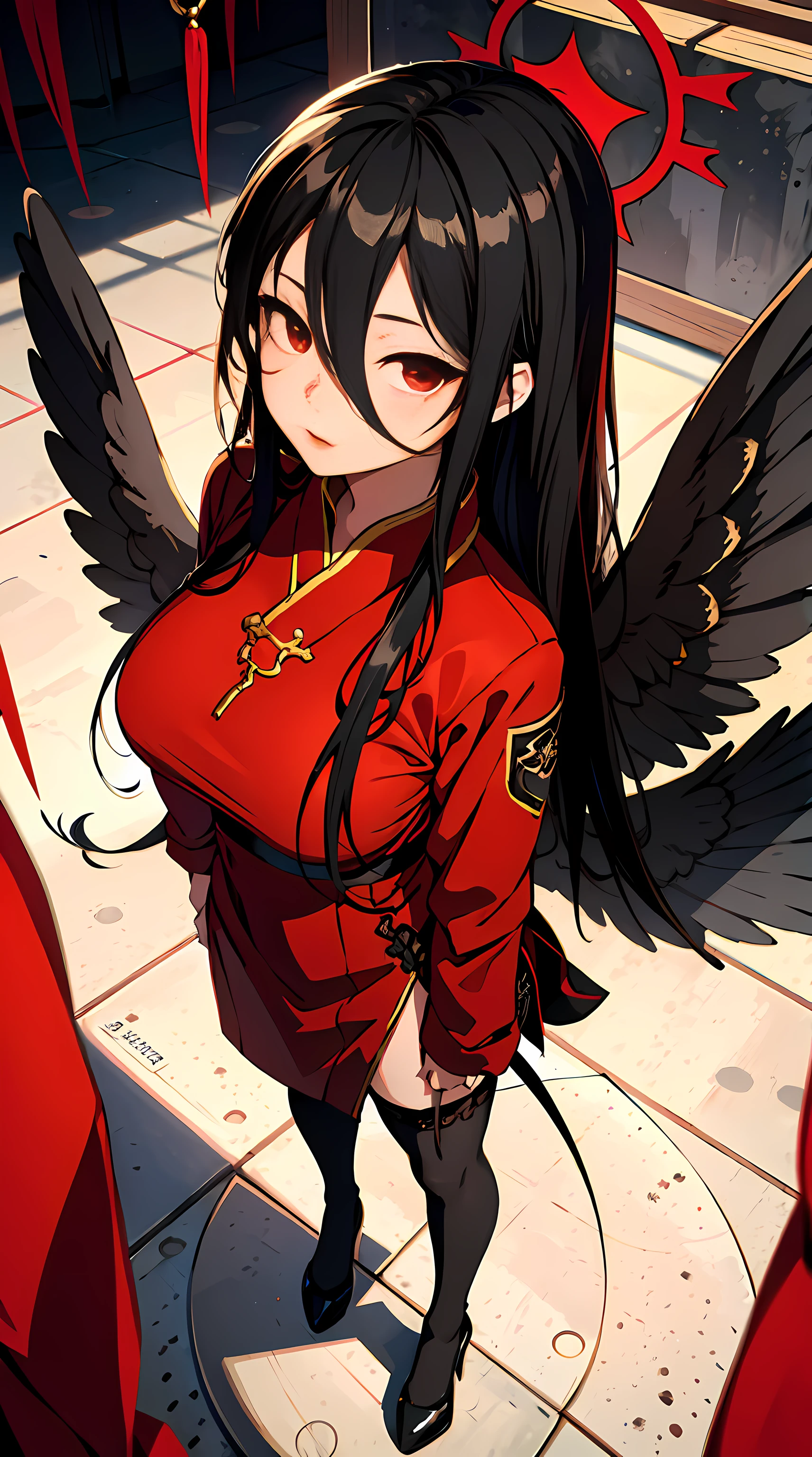 absurd res, high res, (masterpiece:1.4), ultra-detailed, 1girl, from above, space, floating, Chinese dress, red dress, stockings, black hair, red eyes, wings, hair between eyes