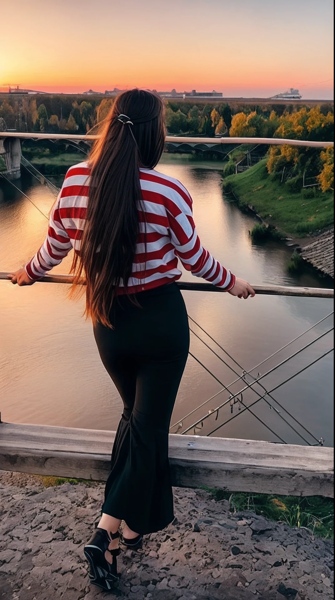 araffe woman with long hair standing on a bridge looking at a river, standing on a bridge, on a bridge, river in the background, with long hair, view from the back, connected with hanging bridge!!, candid photo, distant full body view, view from back, waist long hair, photo taken from behind, view from behind, great view, ultra realistic, 8k,