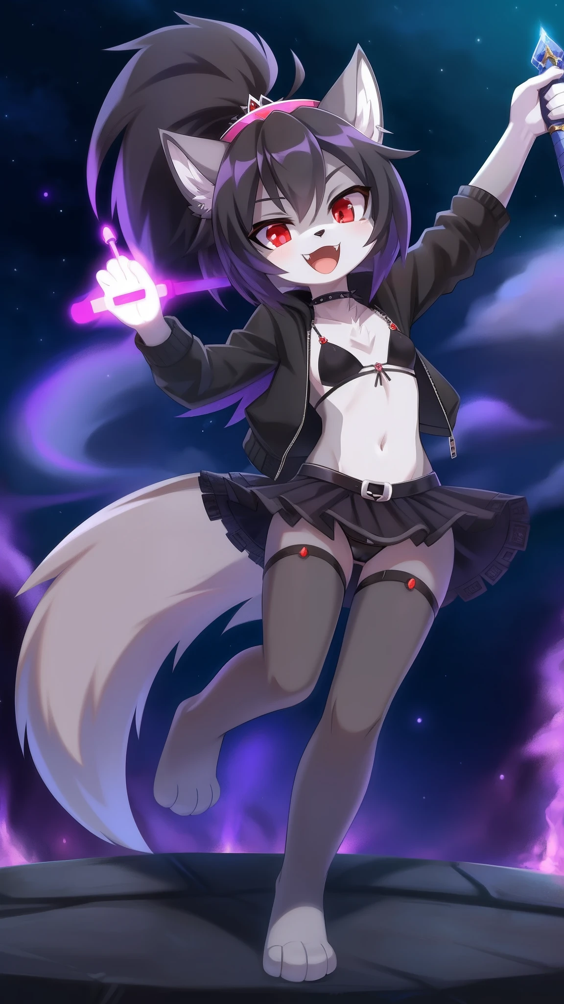 furry girl, wolf, black hair, punk hairstyle, long spiky ponytail, anime style, small breasts, red eyes, black hoodie jacket, open clothes, black bikini, black skirt, net tights, princess tiara, high quality, detailed body, detailed eyes, detailed face, masterpiece, glistening body, detailed body fur, best quality, two tone body, gray fur, clear gray fur, skinny, paws whit three toes, :D, fangs, dark tower, night sky, magic wand, purple fire on hand palm,