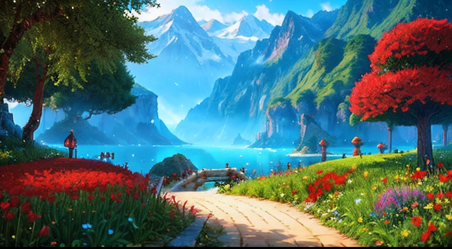 pixel game，scenography，fantastical scenes，a paradise，Red roses everywhere， Pixel art #pixelart