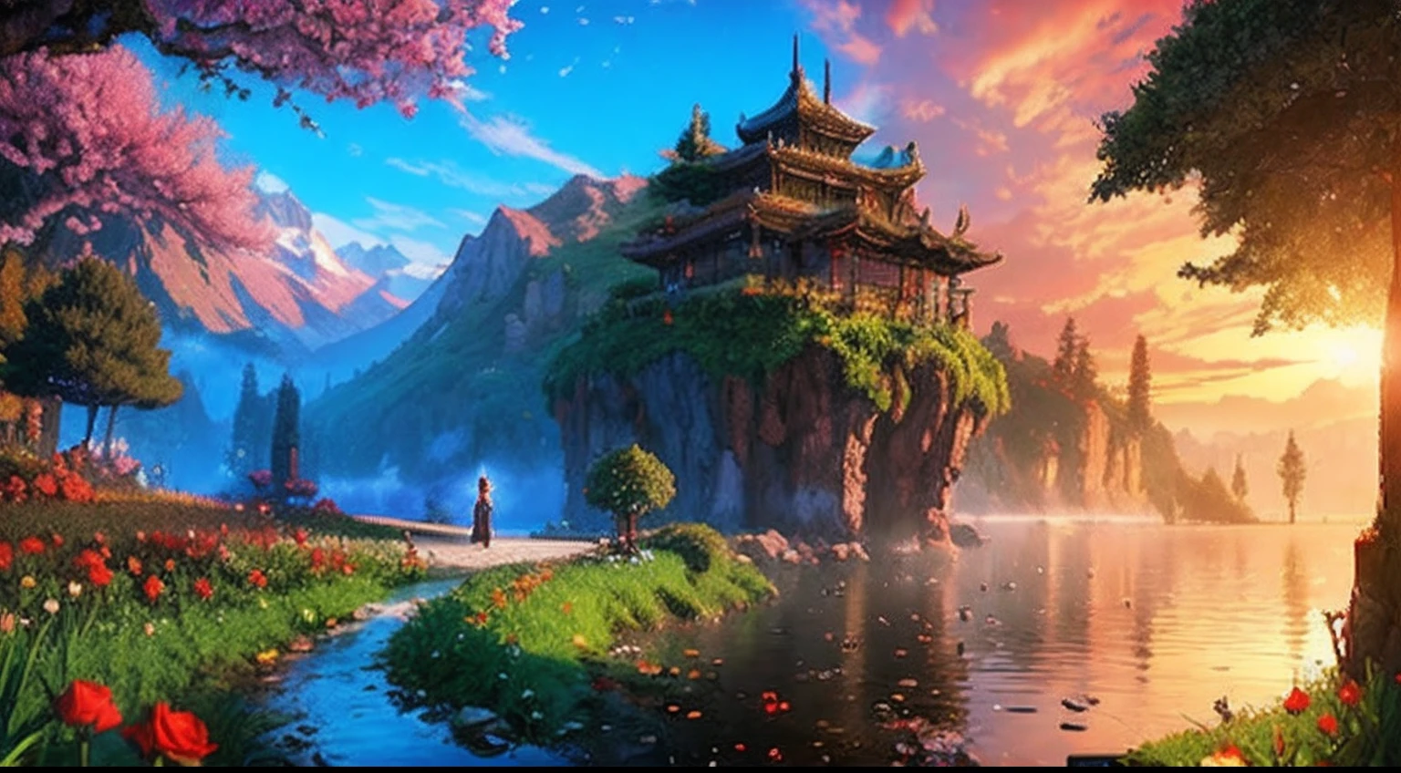 pixel game,scenography,fantastical scenes,a paradise,Red roses everywhere, Pixel art #pixelart