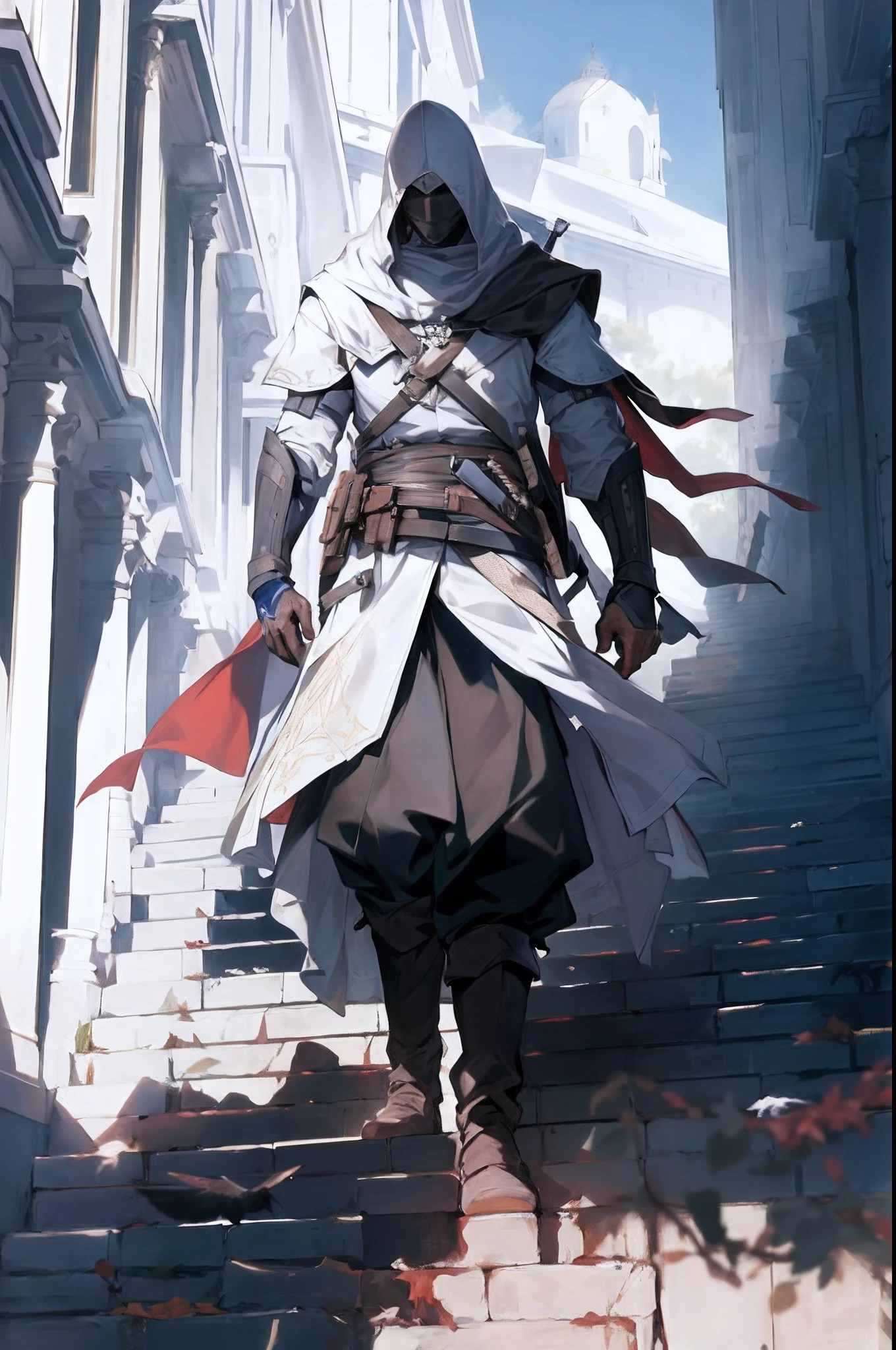 solo, 1boy, long_sleeves, holding, closed_mouth, standing, full_body, weapon, male_focus, boots, outdoors, day, belt, sword, pants, hood, cape, black_footwear, sash, bird, shaded_face, building, sheath, hood_up, sheathed, stairs, vambraces, weapon_on_back