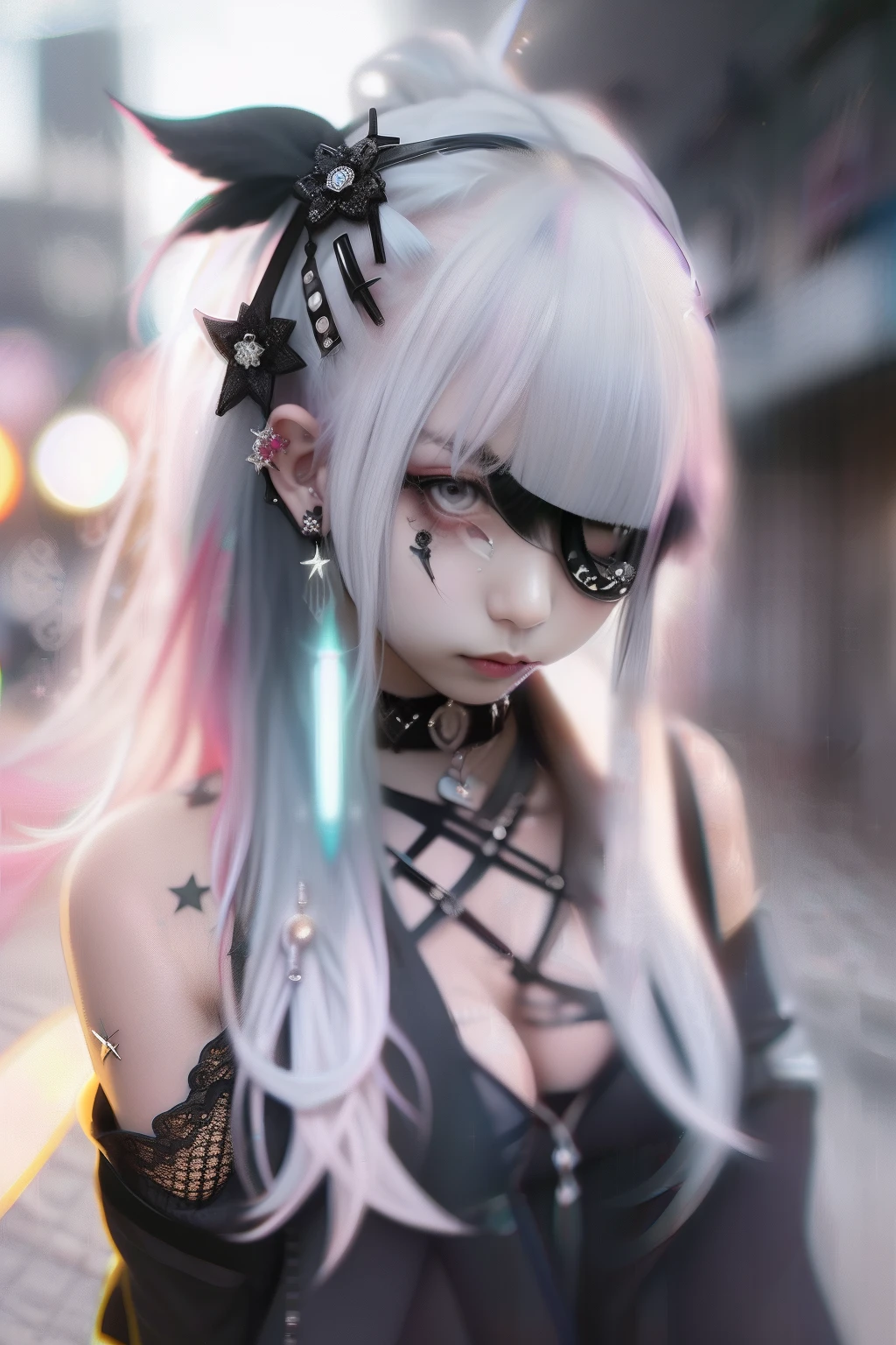 an eye patch、A dark-haired、Beach、sand beach、The bikini、swim wears、body piercings、The tattoo、an eye patch、Huza、Sit up、Black and red mesh hair、goth_punk, 1girl in, 独奏, medium shot, ((during night)), bokeh dof, Neon light, Iridescent eyes, starrysky, White shiny hair, White eyebrows, Radiant hair, (iridescent white hair), 耳Nipple Ring, bangss, jewely, bluntbangs, verd s eyes, blurry backround, bblurry, hair adornments, Look at viewers, shorth hair, portraitures, side locks