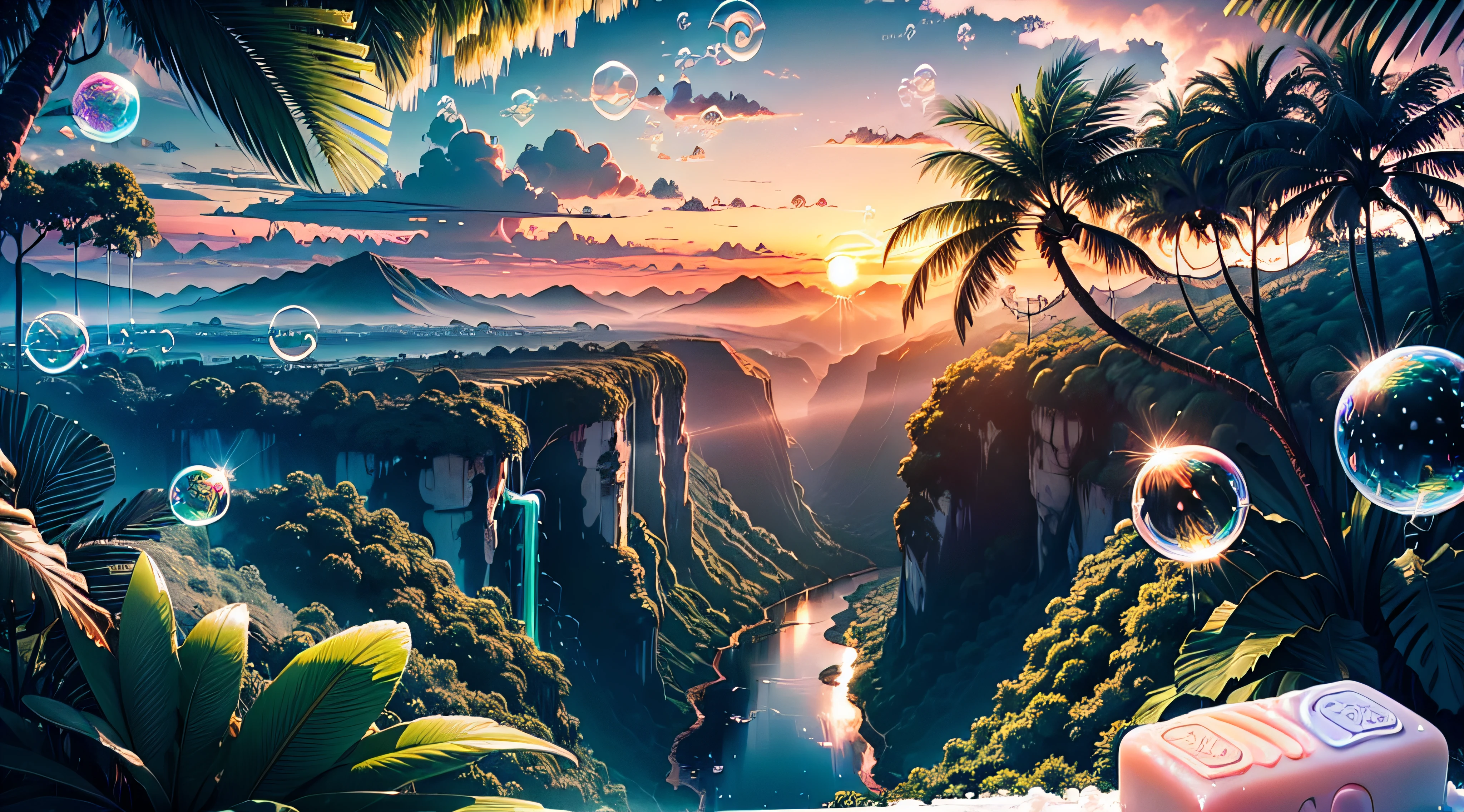 landscape, sunset, ((silver clouds)), jungle, giant tropic trees, (((neon soap bubbles)))