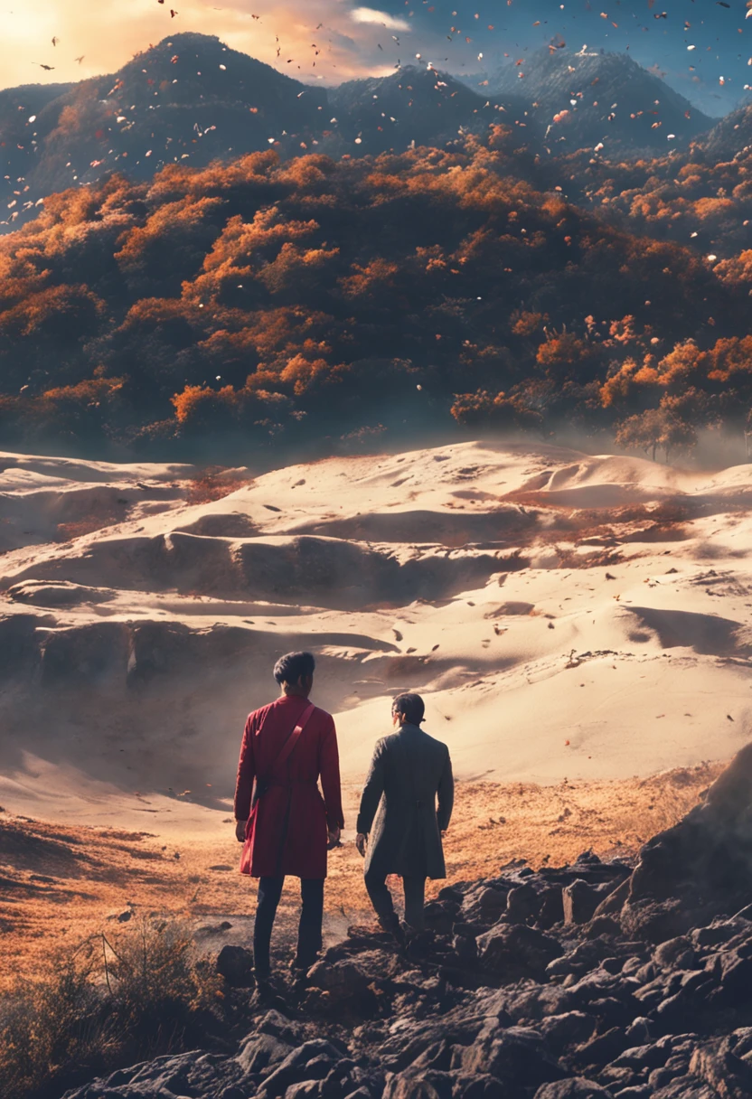 ​masterpiece、top-quality、Movie stills、1male people、云、floating in sky、a closeup、发光、Happiness、Warm and soft lighting、the setting sun、(Spark:0.7)、kagami_hayato