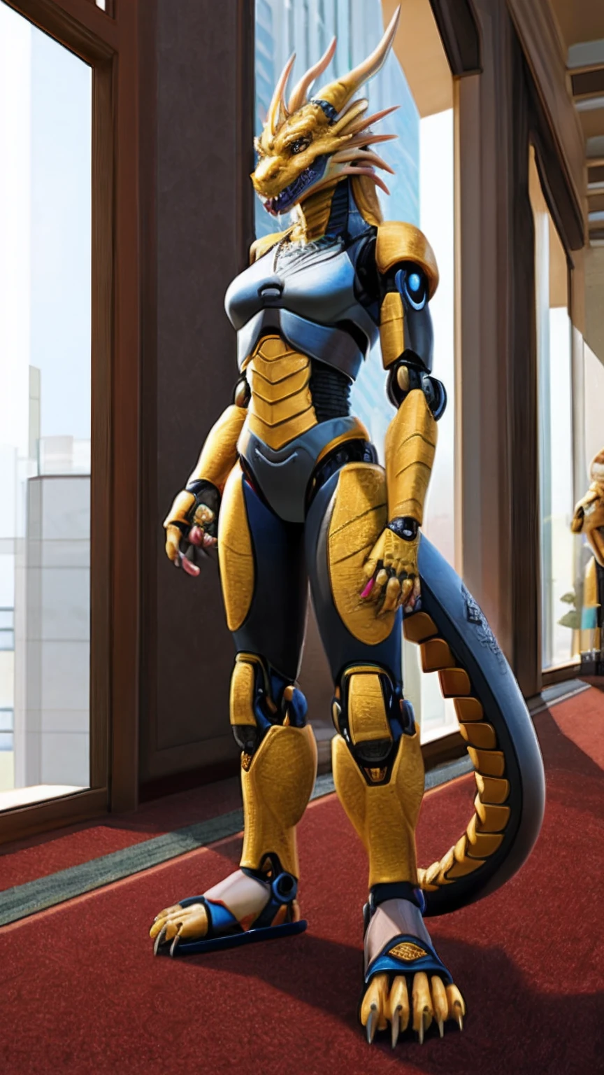 Bionic robot dragon,Golden White Dragon,female,White Hanfu,sandals,anthor,Children,Standing on the carpet in the hotel,HD graphics,Detailed and realistic,high detal,high qulity,photo-realistic,photorealistic eye,Detailed paws,Clear eyes,Masterpiece artwork,Five-fingered hands,top-quality,32k,hyper HD