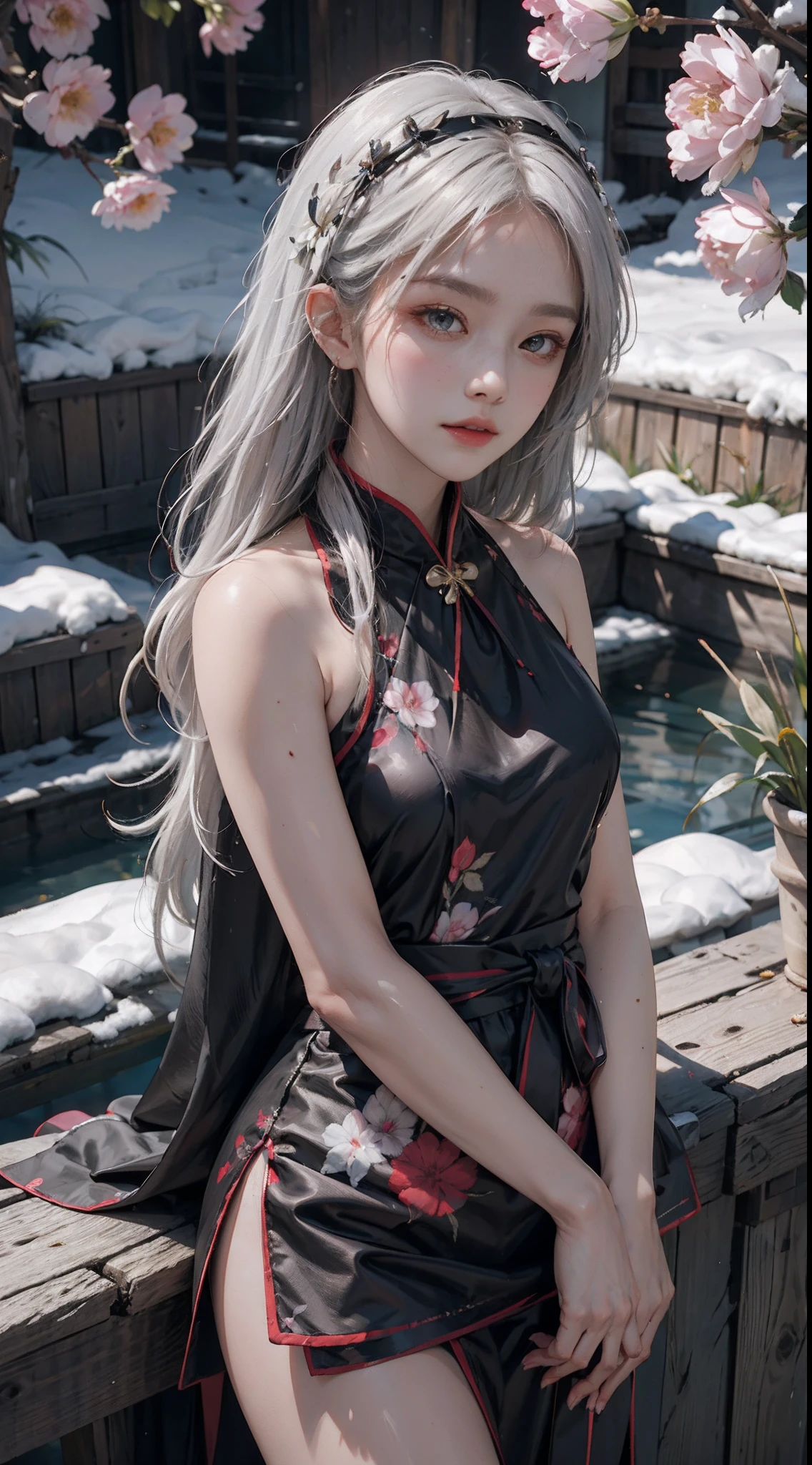32K（tmasterpiece，k hd，hyper HD，32K）Long flowing black hair，ponds，zydink， a color， Xuzhou people （Seduce girls）， （Red scarf in the snow）， Combat posture， looking at the ground， long hair， white hair， Carp pattern headdress， Chinese long-sleeved silver cheongsam， （Abstract gouache splash：1.2）， Pink petal background，Tulips flying（realisticlying：1.4），white color hair，Fallen leaves flutter，The background is pure， A high resolution， the detail， RAW photogr， Sharp Re， Nikon D850 Film Stock Photo by Jefferies Lee 4 Kodak Portra 400 Camera F1.6 shots, Rich colors, ultra-realistic vivid textures, Dramatic lighting, Unreal Engine Art Station Trend, cinestir 800，Long flowing black hair，see-through transparent clothes