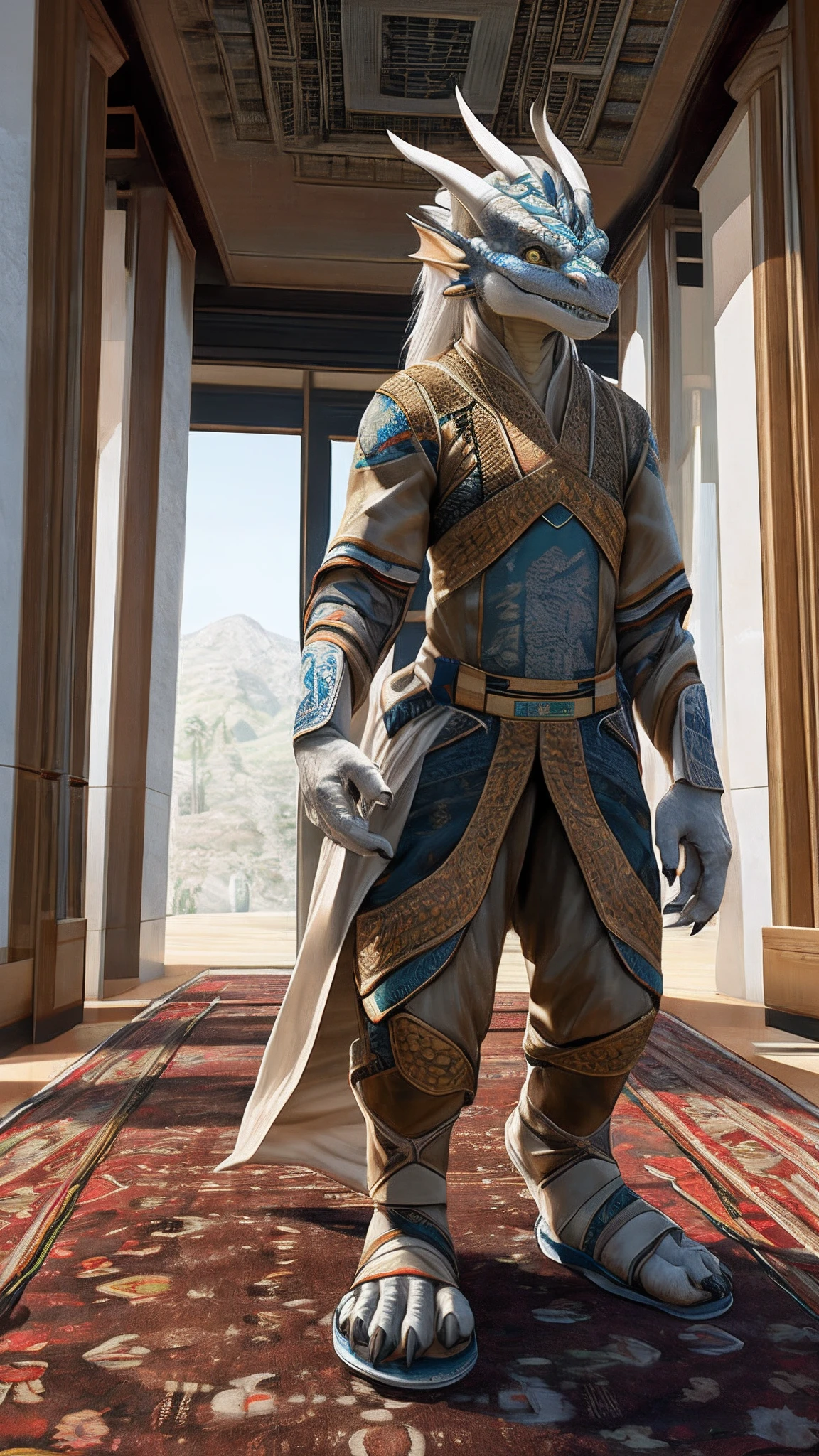 Bionic dragon,female,White Hanfu,sandals,anthor,Children,Standing on the carpet in the hotel,HD graphics,Detailed and realistic,high detal,high qulity,photo-realistic,photorealistic eye,Detailed paws,Clear eyes,Masterpiece artwork,Five-fingered hands,top-quality,32k,hyper HD