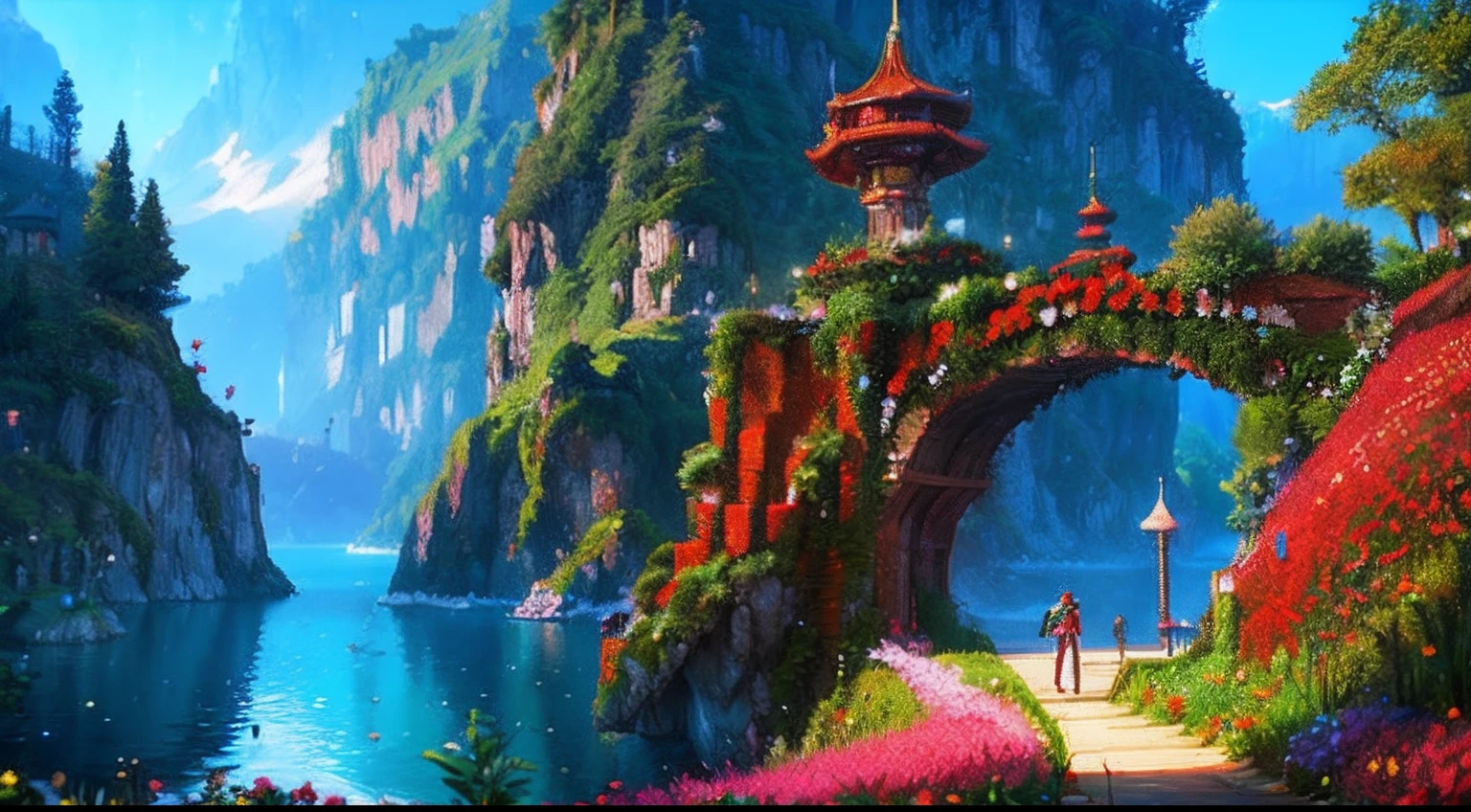 pixel game,scenography,fantastical scenes,a paradise,Red roses everywhere, Pixel art #pixelart