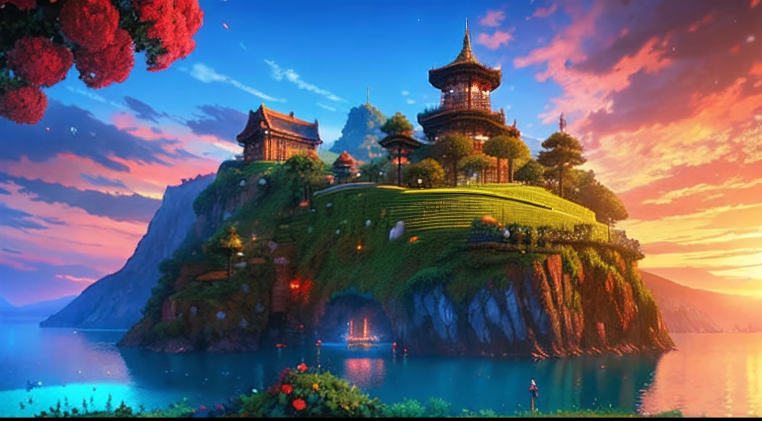 pixel game,scenography,fantastical scenes,a paradise,Red roses everywhere, Pixel art #pixelart