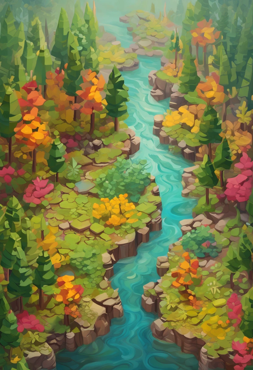 Isometric awesome forest tiles with lake, 3D video rendering, illusory engine, Beautiful, intricately details, trending on artstationh, 8K