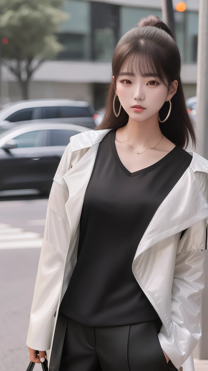 Alafi woman wearing black and white jacket and black shorts on the street, korean women's fashion model, with short hair, dressed with long fluent clothes, in city street, casual clothing style, Choi Hyun-hwa, Gorgeous young Korean woman, model is wearing techtical vest, cropped shirt with jacket, generous cleavage open jacket, Shin Jinying, modern casual clothing