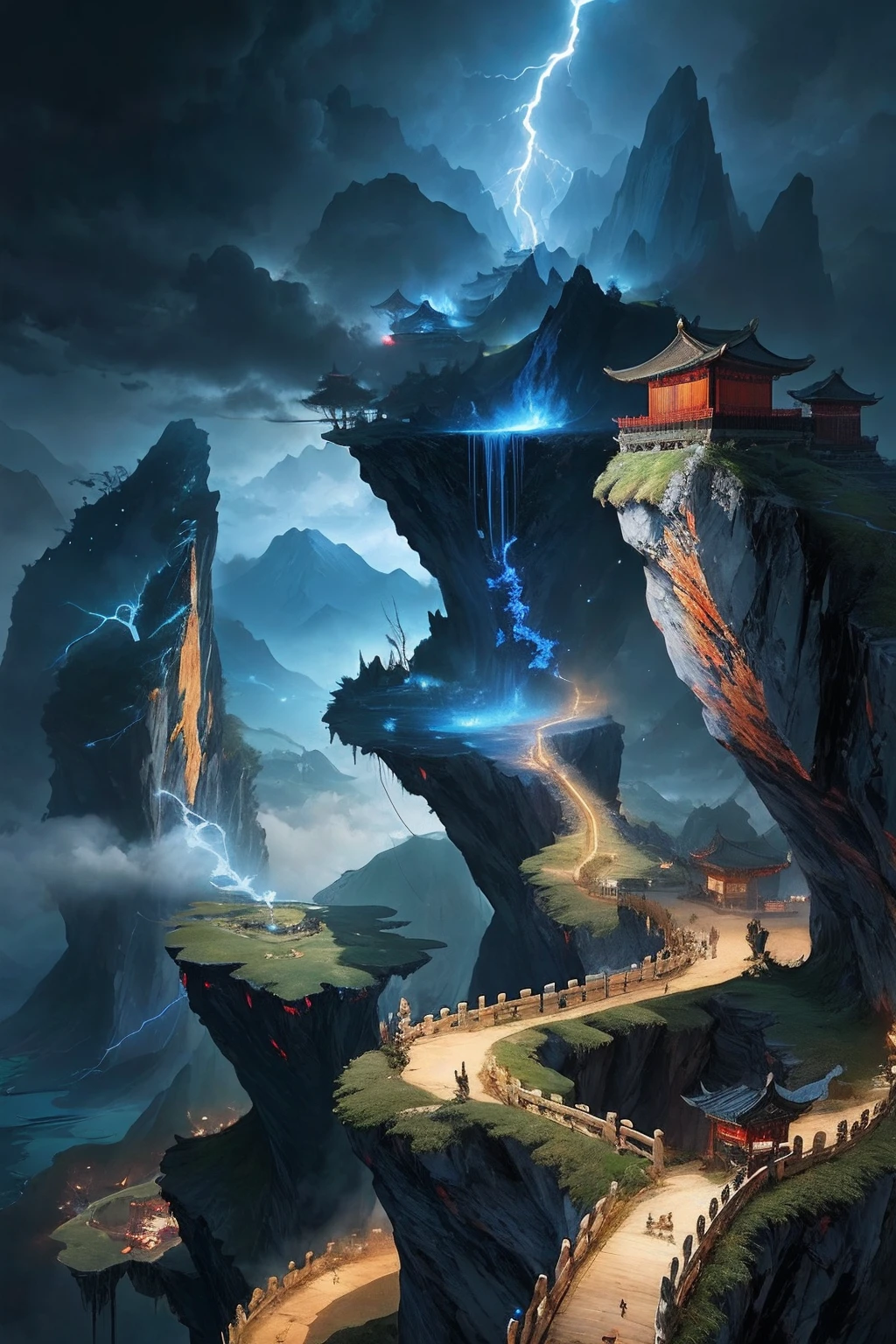 Chinese Big,with vast sky,continuous mountains and steep cliffs,outline light、Dark、myth、lightning bolt、