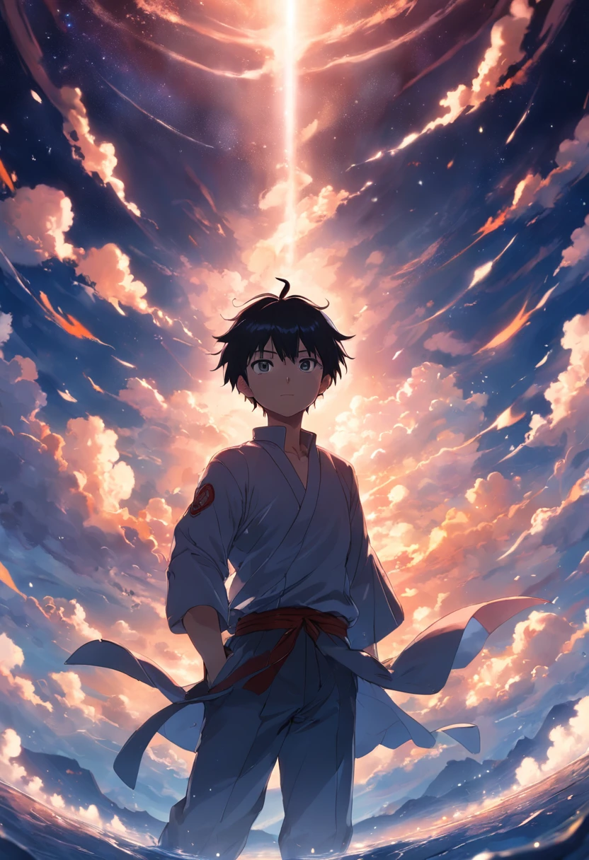 ​masterpiece、top-quality、Movie stills、1male people、云、floating in sky、a closeup、发光、Happiness、Warm and soft lighting、the setting sun、(Spark:0.7)、kagami_hayato