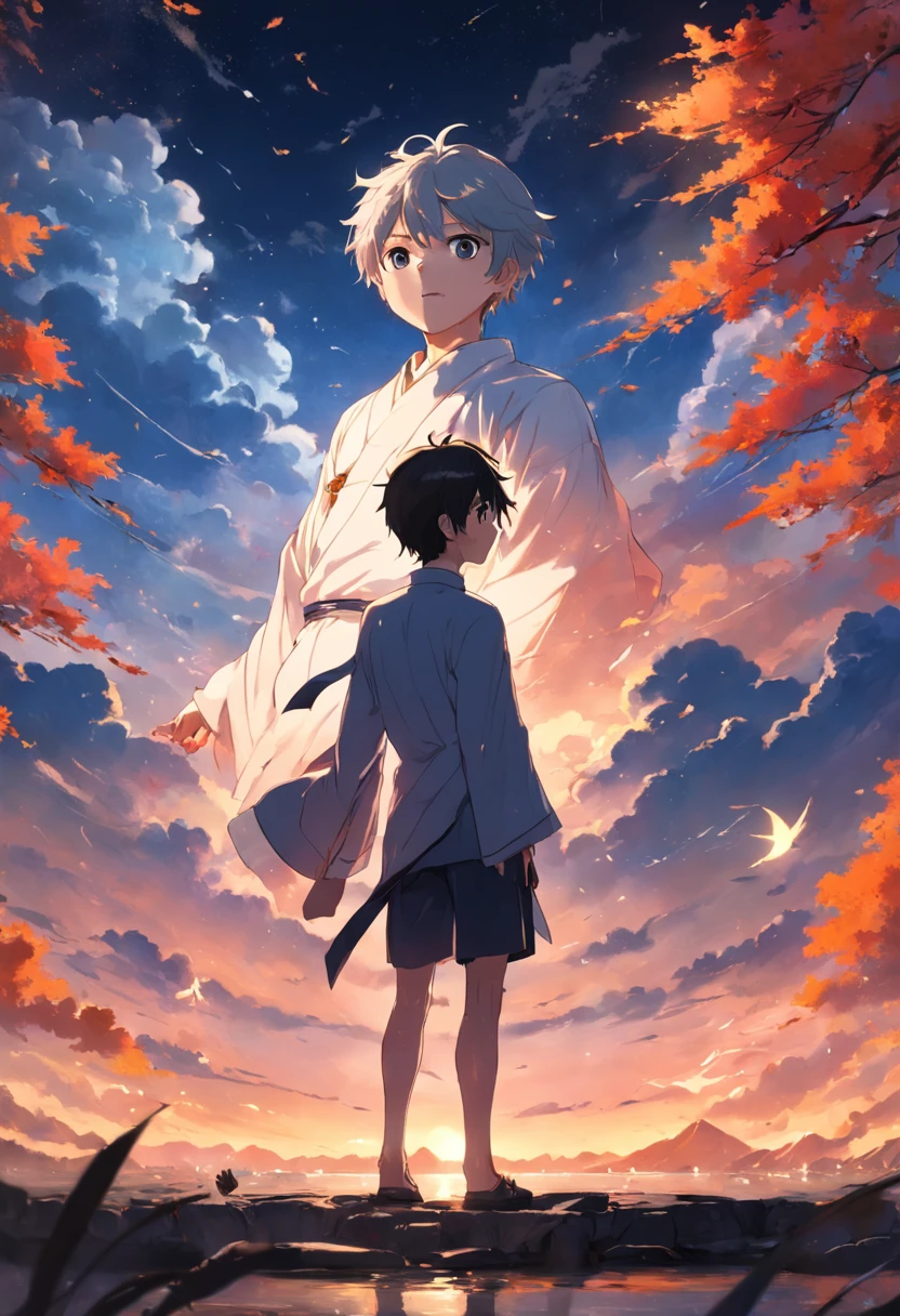 masterpiece、top-quality、Movie stills、1male people、云、floating in sky、a closeup、发光、Happiness、Warm and soft lighting、the setting sun、(Spark:0.7)、kagami_hayato