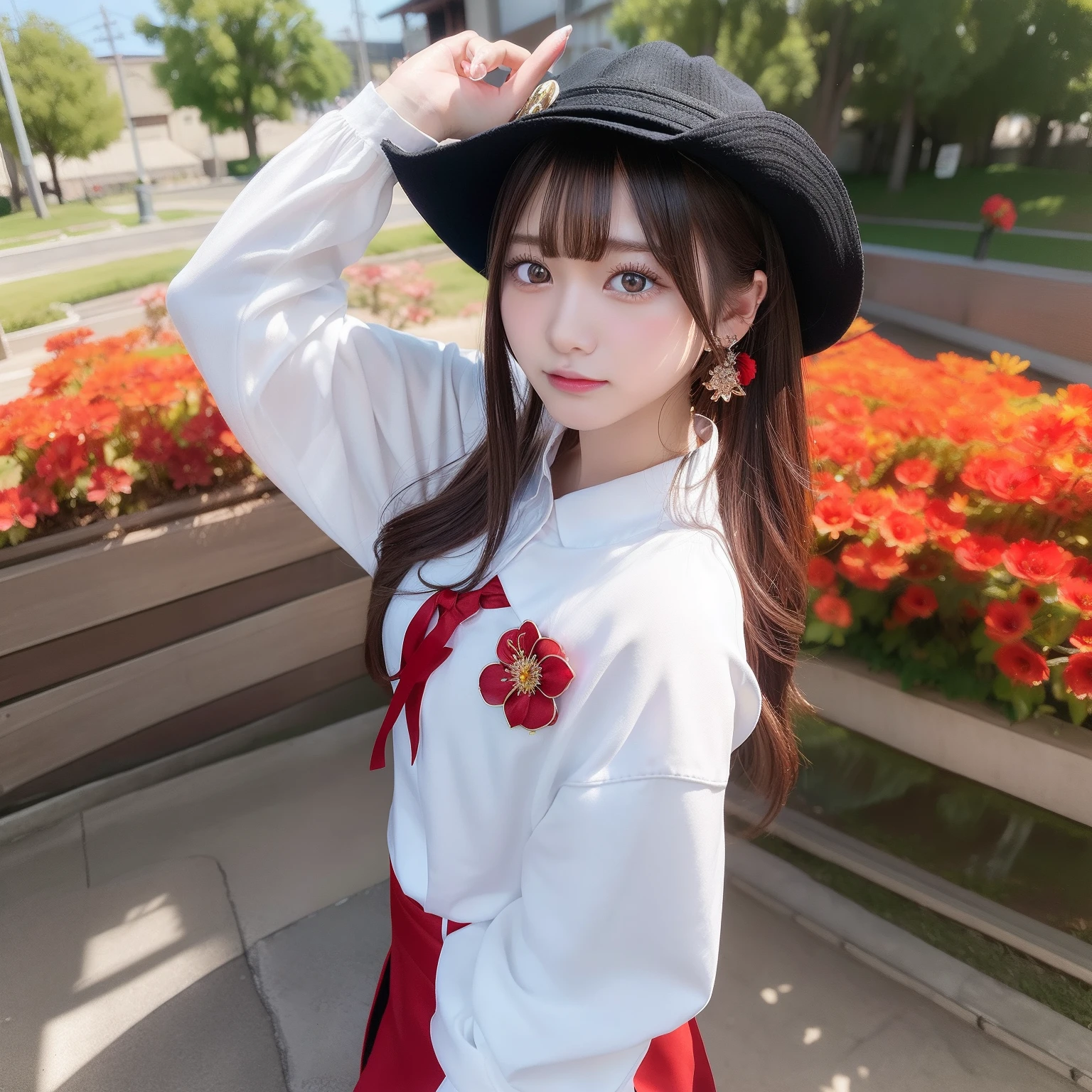 2d, masterpiece, best quality, anime, highly detailed eyes, highly detailed face, highly detailed background, perfect lighting, cowboy shot, feet out of frame, 1girl, solo, standing, hu tao \(genshin impact\), symbol-shaped pupils, flower-shaped pupils, hat, red flower, red eyes, cherry blossoms