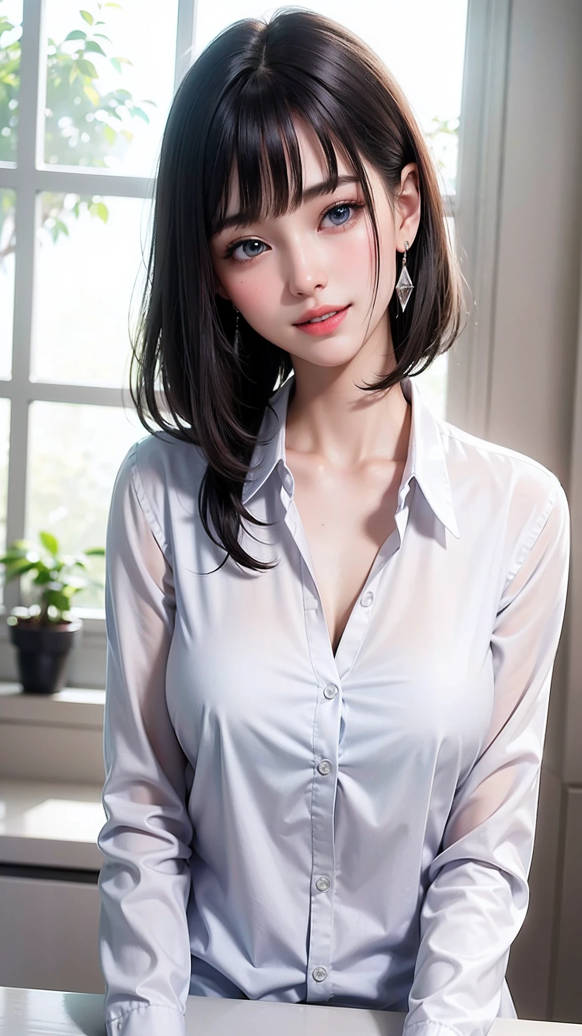 (high-level image quality、high-detail、hightquality、hight resolution、Draw everything in high resolution)、Intense crystal light blue eyes、Small diamond-shaped earrings、Gaze firmly at the camera、Put your ears out、Beautiful very short black hair、Beautiful very short beautiful hair with bangs、Straight Beauty Bangs、beautiful decollete、Beautiful 28 years old、lipgloss、long neck、Happy smile、Beautiful teeth alignment、Beautie、Pretty Woman、Very white business shirt with open collar、Very white business shirt with open chest、large clevage, lengthen the left and right ends of the bangs、Beautiful composition、Composition facing to the right