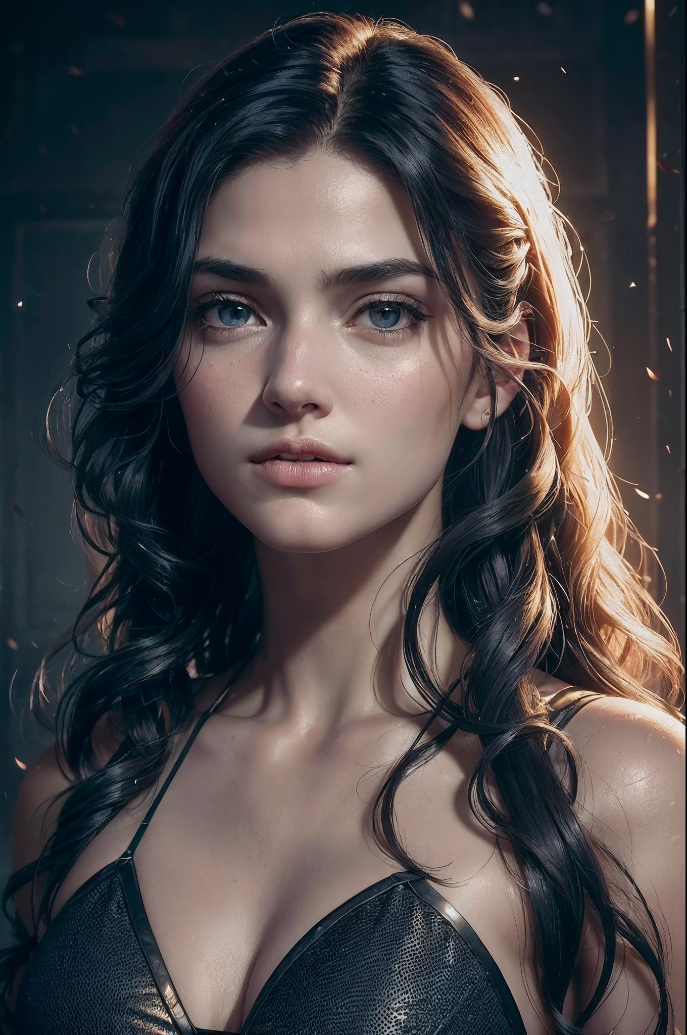 (Сериал THE 100: 0.9, young Eve Harlow: 0.9), natural hair, realistic portrait, 8K, super detaill, high detail, Art Station, Smooth, hard focus, Cinematic lighting, facing the camera, dark studio, rim lighting, dual tone lighting, dim lighting, Discreet key,