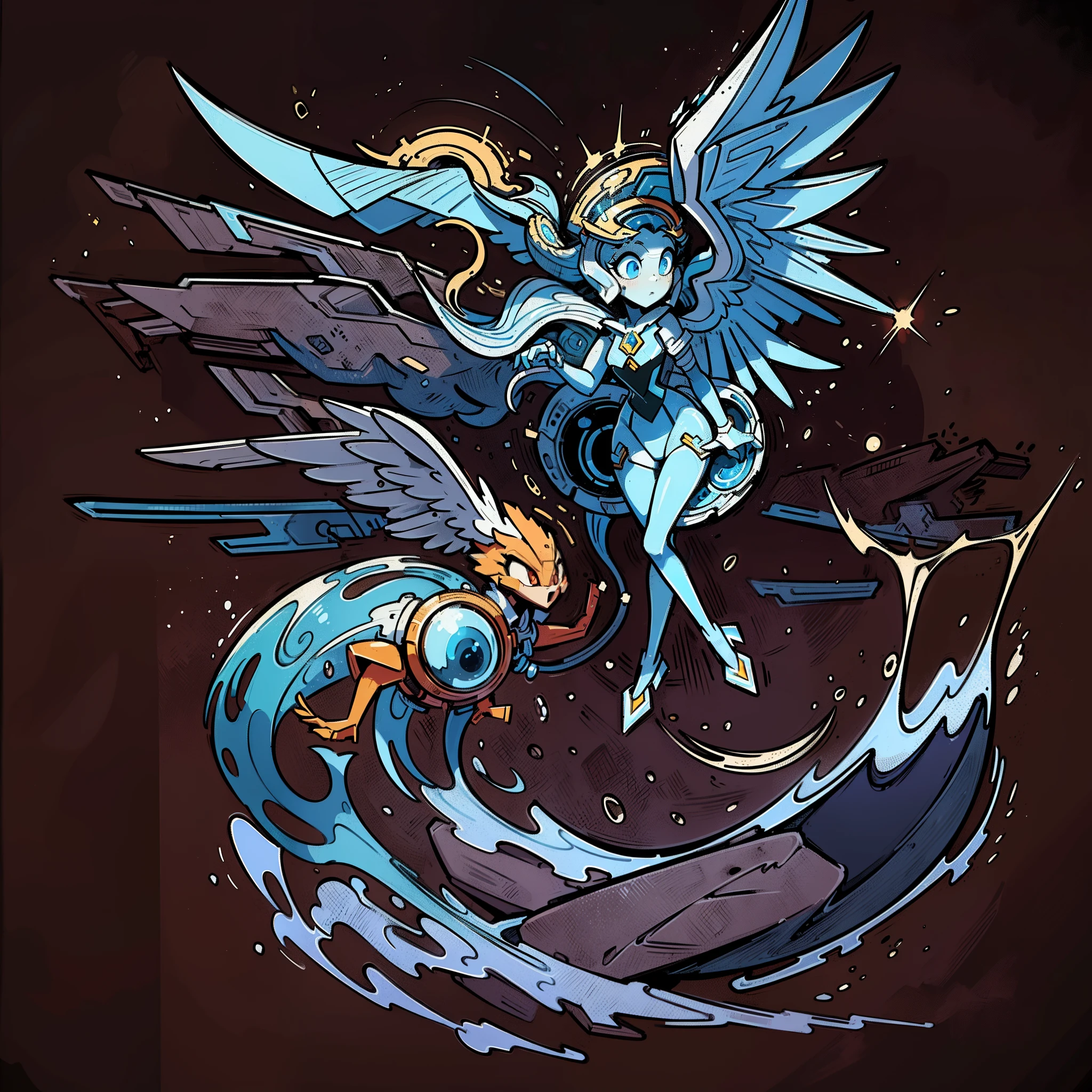 ((masterpiece)), best quality, A vintage, playful vectorized design of a, (Synthetic Memories: Unraveling Tomorrow's Past), (Echoes from the Eventide Nebula), (I'm a phoenix of data, reborn in the stream, I am neither a thought nor a distant dream. What digital creature do I become?),