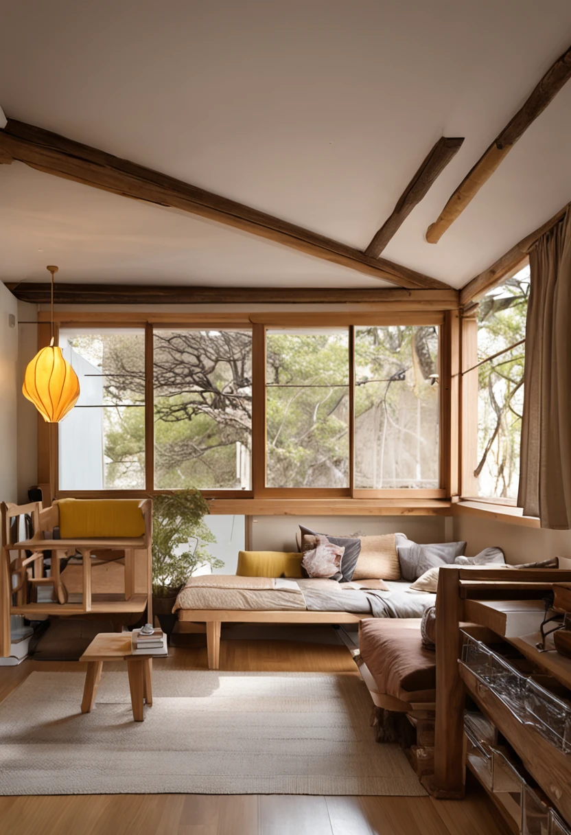 Do not use metal fittings or nails、Scandinavian design living room assembled only by wood framing。Do not use metal fittings or nails、Bookshelves assembled only by timber framing、Living Furniture。Wood framing、Inspired by the structure of the Kiyomizu-dera stage in Japan。
