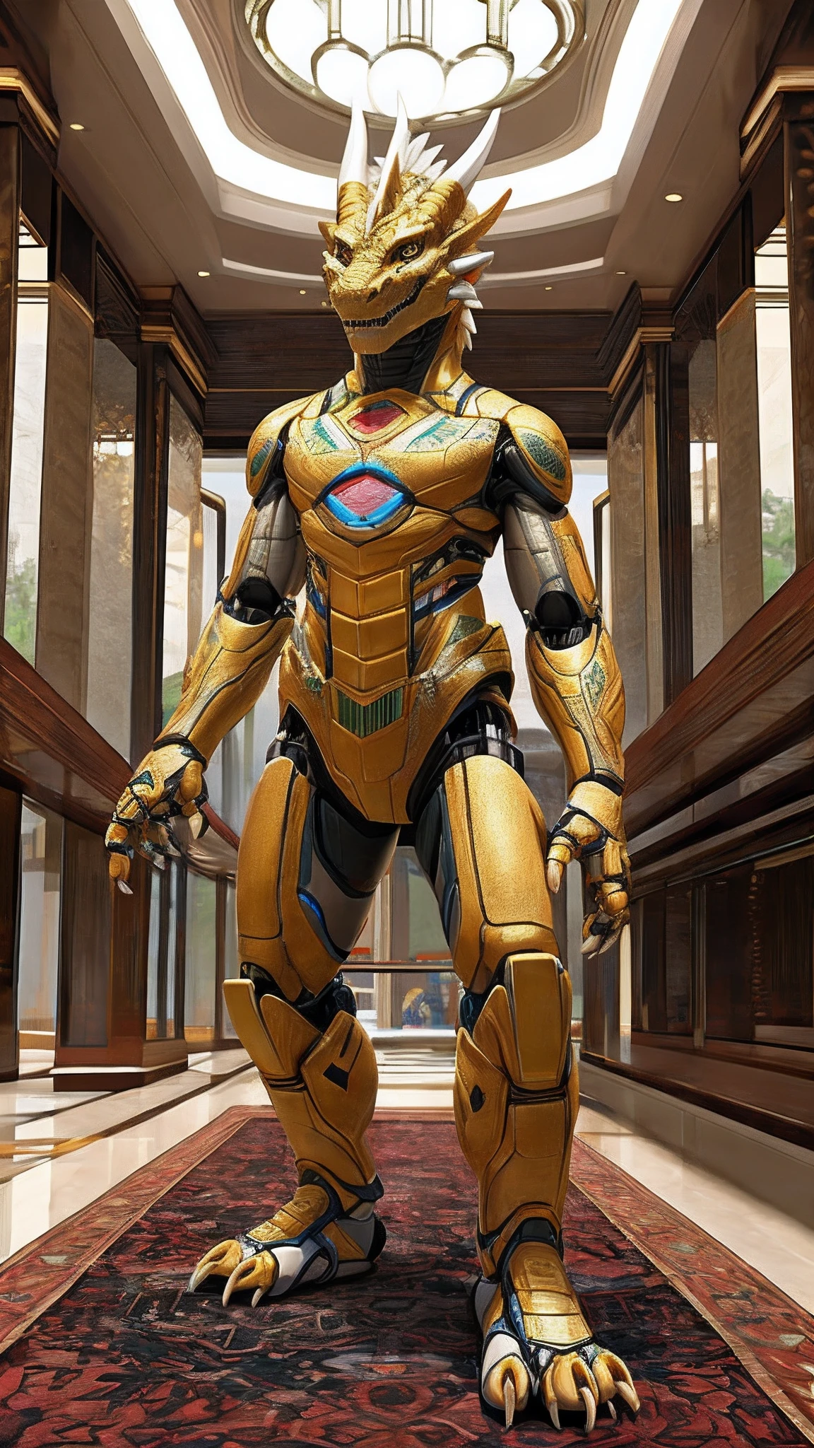 Bionic robot  dragon，Golden White Dragon，female，White Hanfu，sandals，anthor，Children，Standing on the carpet in the hotel，HD graphics，Detailed and realistic，high detal，high qulity，photo-realistic，photorealistic eye，Detailed paws，Clear eyes，Masterpiece artwork，Five-fingered hands，top-quality，32k，hyper HD