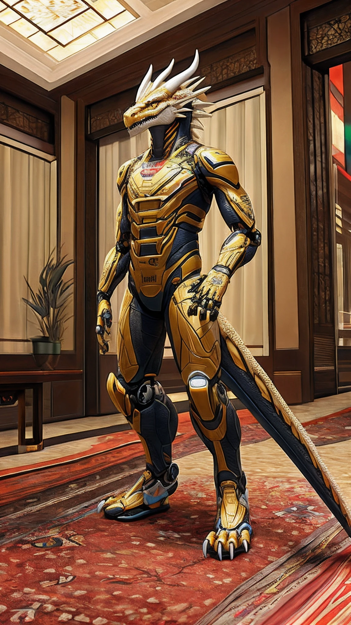 Bionic robot  dragon，Golden White Dragon，female，White Hanfu，sandals，anthor，Children，Standing on the carpet in the hotel，HD graphics，Detailed and realistic，high detal，high qulity，photo-realistic，photorealistic eye，Detailed paws，Clear eyes，Masterpiece artwork，Five-fingered hands，top-quality，32k，hyper HD