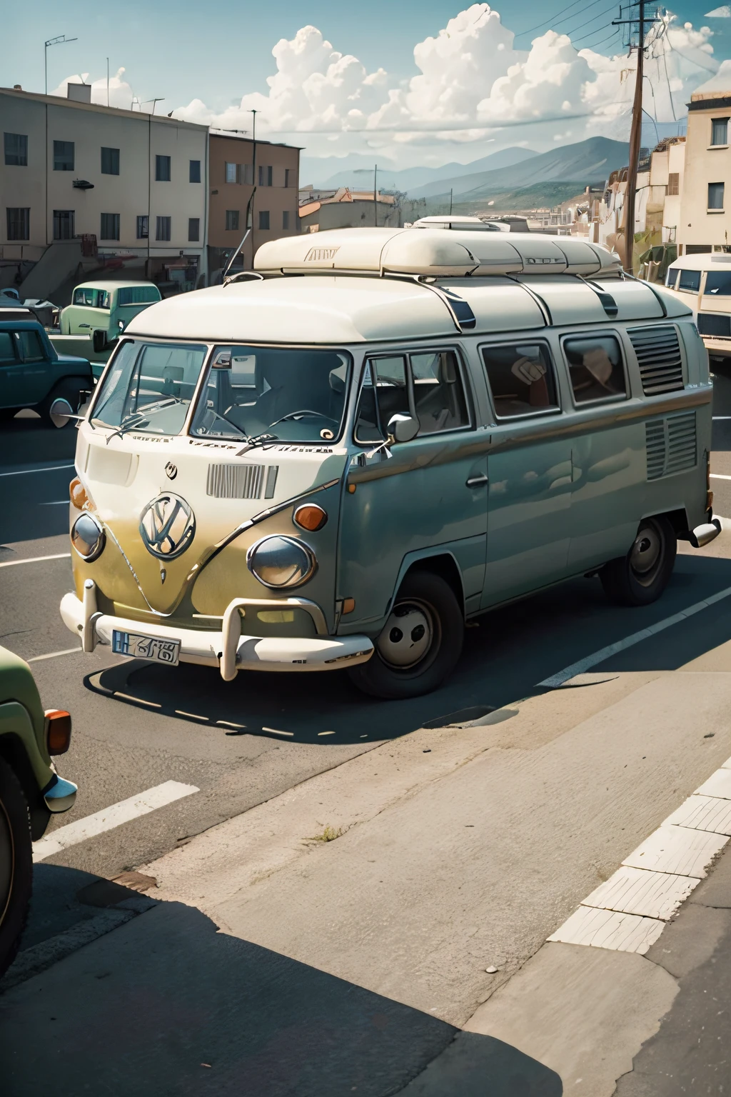 prompt:watercolor painting a vw bus, oil, Modernism, Perspective of the rule of thirds, Documentary scene and feet candido portinari