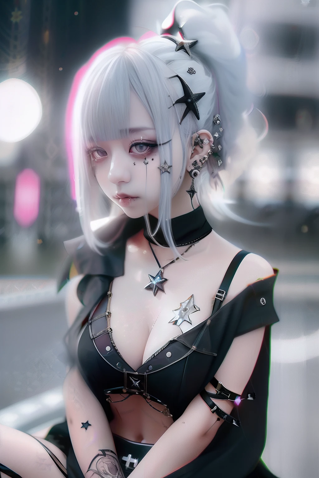 an eye patch、A dark-haired、Beach、sand beach、The bikini、swim wears、body piercings、The tattoo、an eye patch、Huza、Sit up、Black and red mesh hair、goth_punk, 1girl in, 独奏, medium shot, ((during night)), bokeh dof, Neon light, Iridescent eyes, starrysky, White shiny hair, White eyebrows, Radiant hair, (iridescent white hair), 耳Nipple Ring, bangss, jewely, bluntbangs, verd s eyes, blurry backround, bblurry, hair adornments, Look at viewers, shorth hair, portraitures, side locks