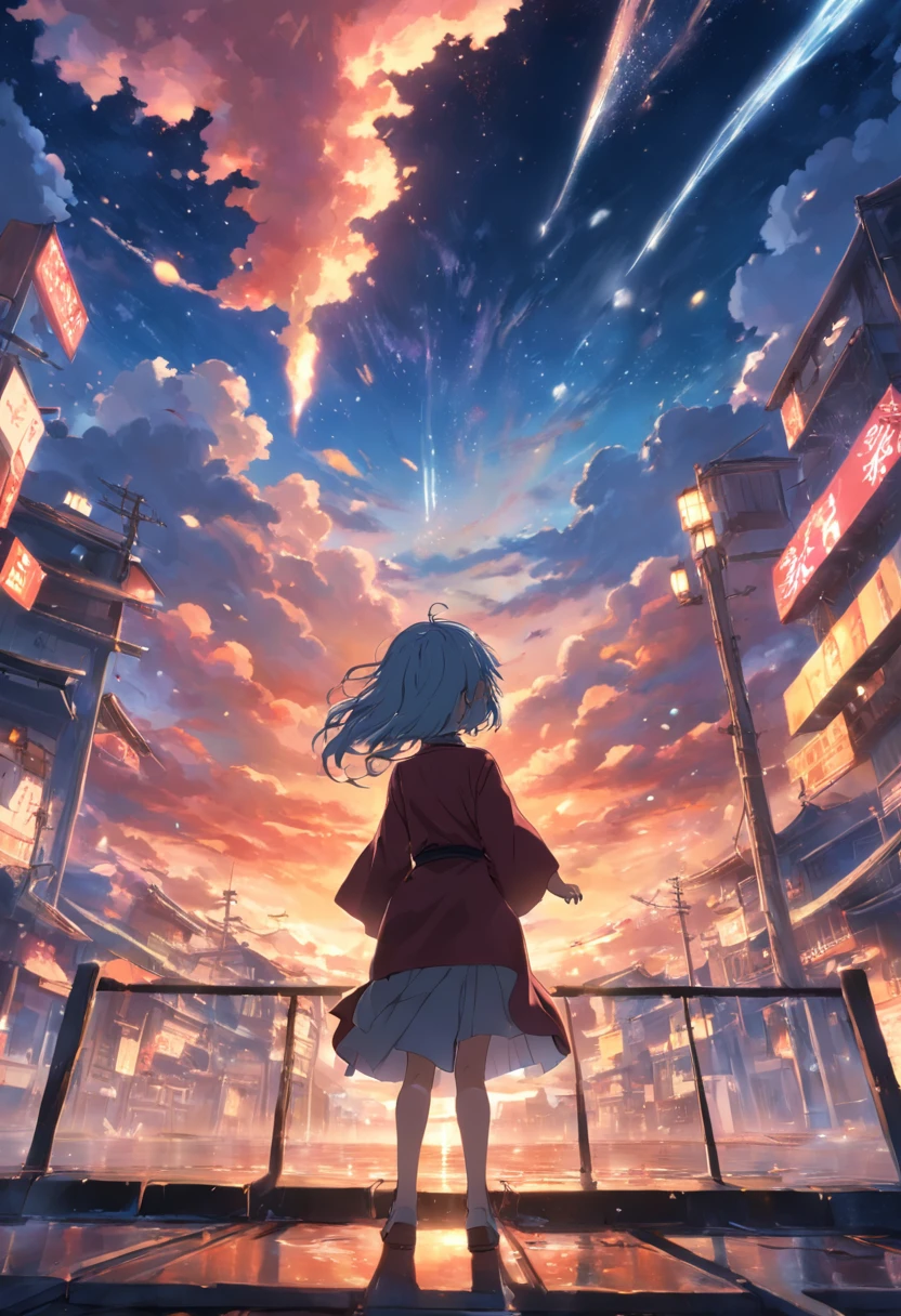masterpiece、top-quality、Movie stills、云、floating in sky、a closeup、发光、Happiness、Warm and soft lighting、the setting sun、(Spark:0.7)、kagami_hayato