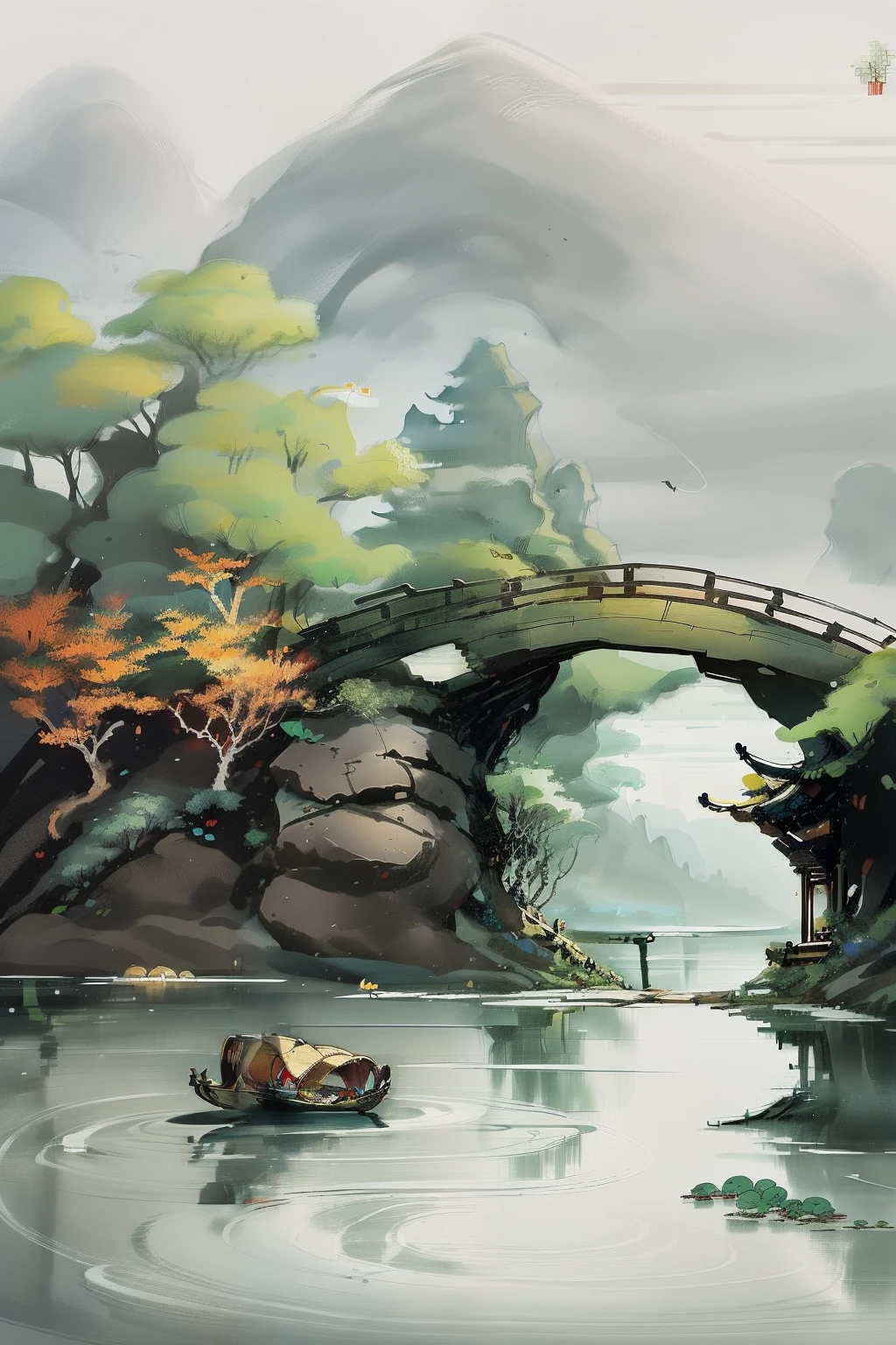 Chinese martial arts style、Large area empty、InkStyle、Contour light、atmospheric atmosphere、depth of fields、Rising fog、Lake water、Lotus flowers and leaves、Small boat、pine trees、Quadrangular stone pavilion、Arch bridge、nighttime scene、(color no)