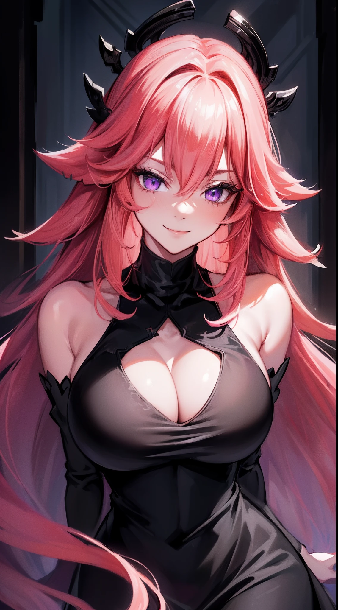 (Yaedef:1.4), 8k, highres, ultra detailed, (masterpiece:1.4), best quality, symmetrical body, (Black long elegant dress with deep neckline:1.4), cute, solo, long hair, pink hair, purple eyes, glow effect, finely eye, wide smile, detailed face, looking at viewer, smilling at viewer, in the castle, angled view, huge breasts