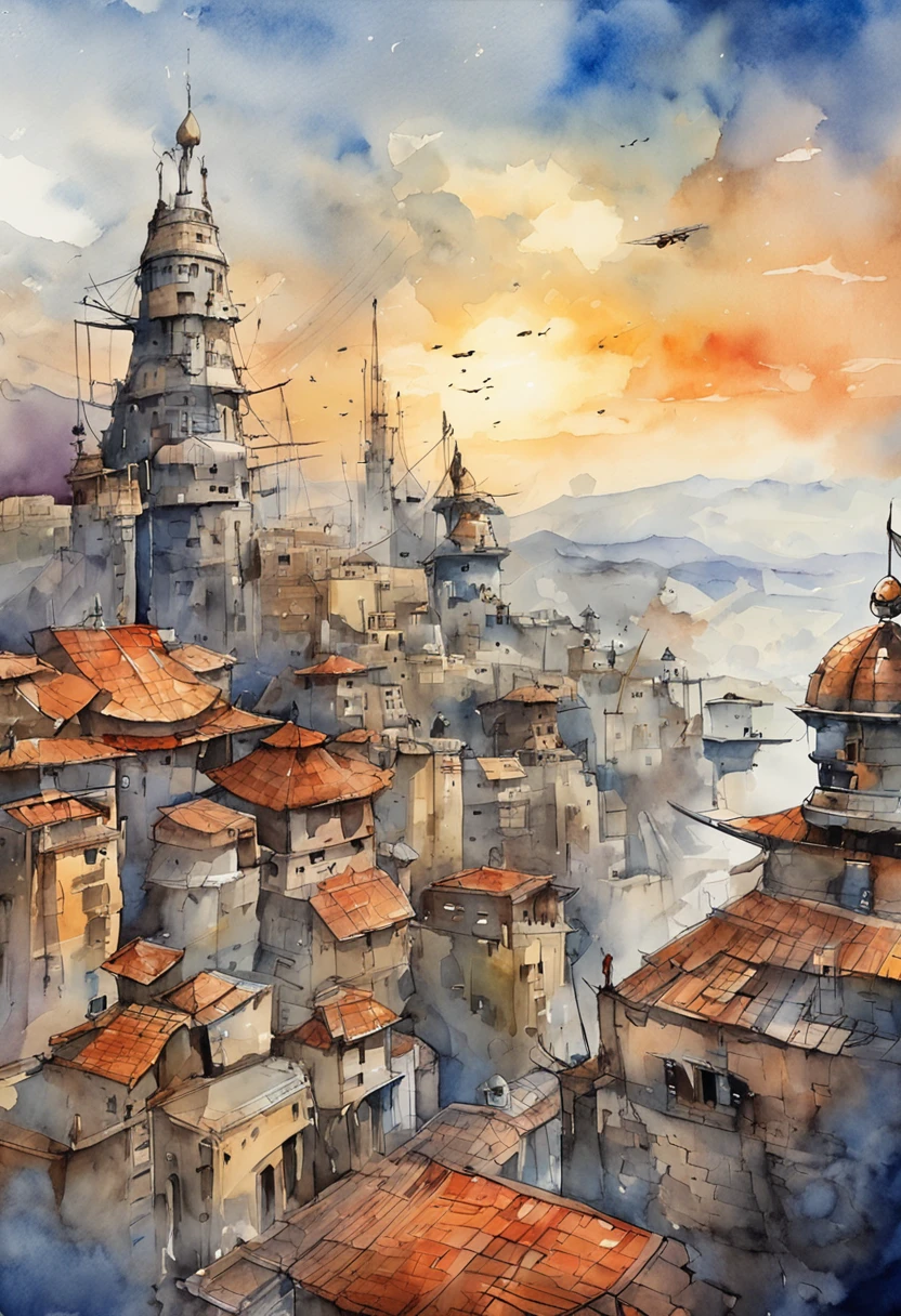 Skysky,Clouds,The metropolis of cyberpunk,mechs,droid,view over city,Realistis、