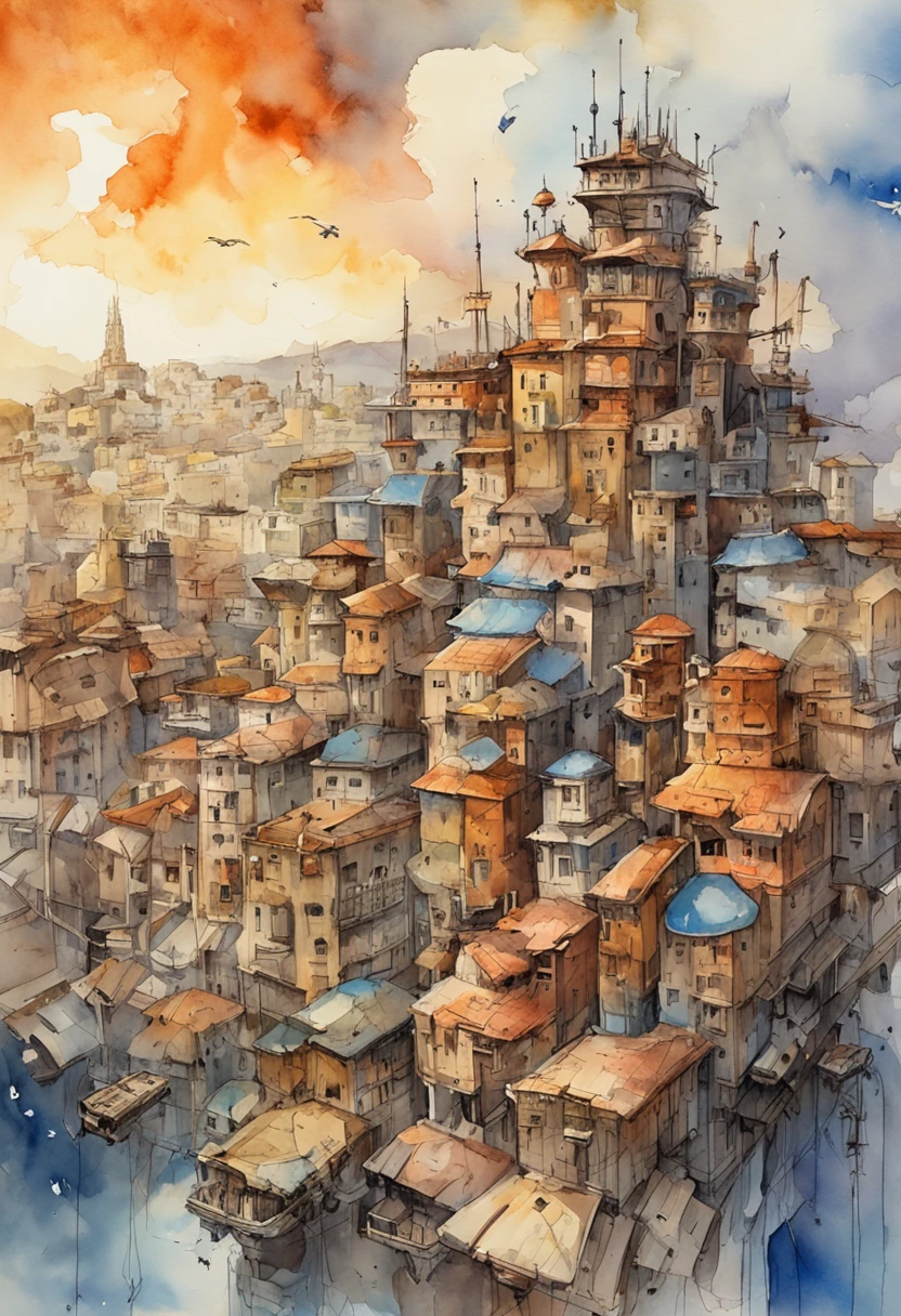 Skysky,Clouds,The metropolis of cyberpunk,mechs,droid,view over city,Realistis、