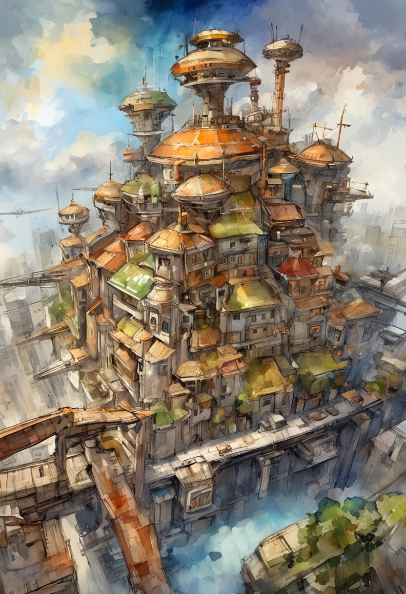 Skysky,Clouds,The metropolis of cyberpunk,mechs,droid,view over city,Realistis、