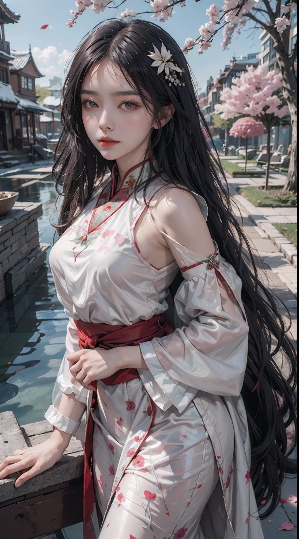 32K（tmasterpiece，k hd，hyper HD，32K）Long flowing black hair，ponds，zydink， a color， Xuzhou people （Seduce girls）， （Red scarf in the snow）， Combat posture， looking at the ground， long hair， white hair， Carp pattern headdress， Chinese long-sleeved silver cheongsam， （Abstract gouache splash：1.2）， Pink petal background，Tulips flying（realisticlying：1.4），white color hair，Fallen leaves flutter，The background is pure， A high resolution， the detail， RAW photogr， Sharp Re， Nikon D850 Film Stock Photo by Jefferies Lee 4 Kodak Portra 400 Camera F1.6 shots, Rich colors, ultra-realistic vivid textures, Dramatic lighting, Unreal Engine Art Station Trend, cinestir 800，Long flowing black hair，see-through transparent clothes