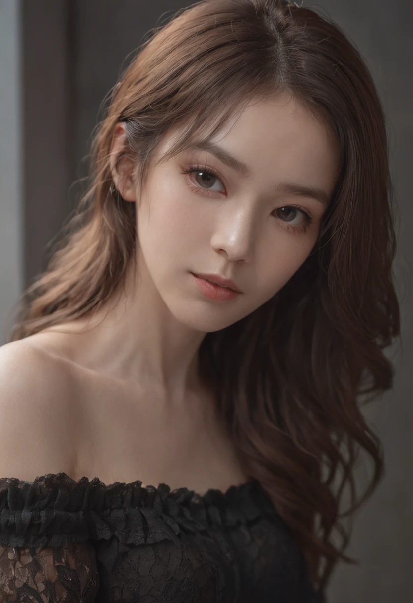 top-quality、​masterpiece、超A high resolution、(Photorealsitic:1.5)、Raw foto、1girl in、off shoulders、murky、deep-shadows、darkened room、cold light、Brown curly hair、Middle hair