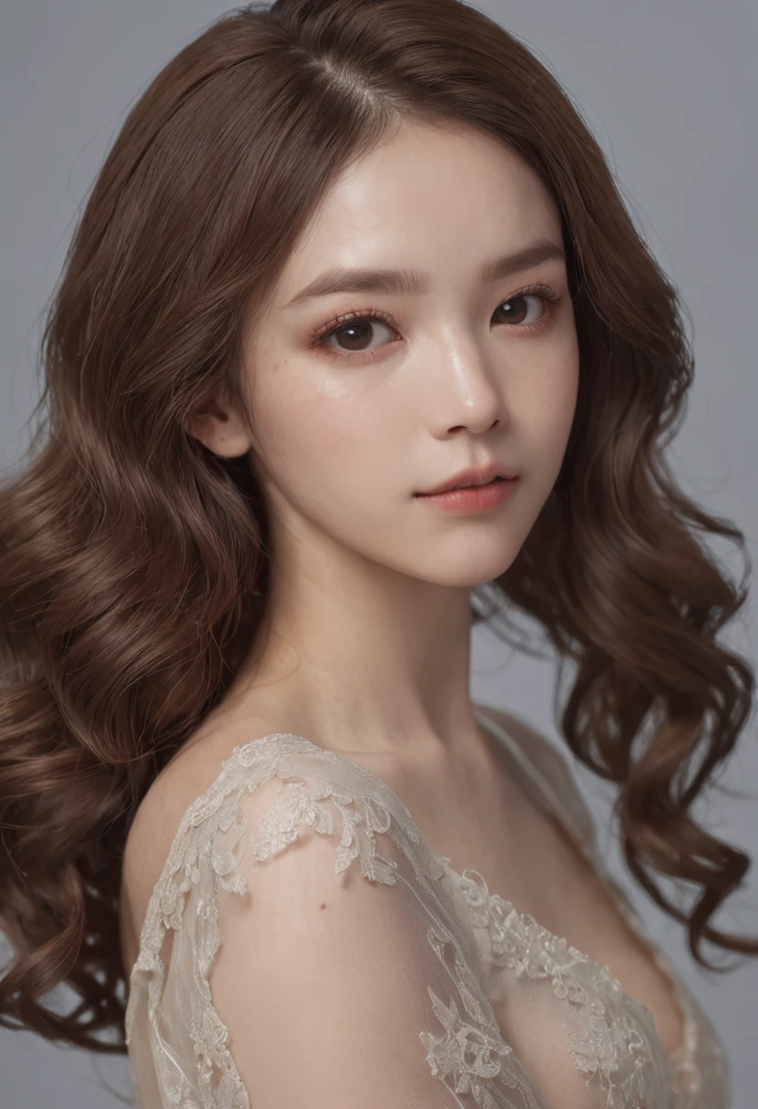 1 girl, (highest quality, High resolution, Bare chest wedding dress:1.3), Plump pretty woman, thin abs, loose wavy dark brown hair, big breasts,topless、Bedroom, Precisely expresses details such as face and skin texture, fine eyes, double eyelid