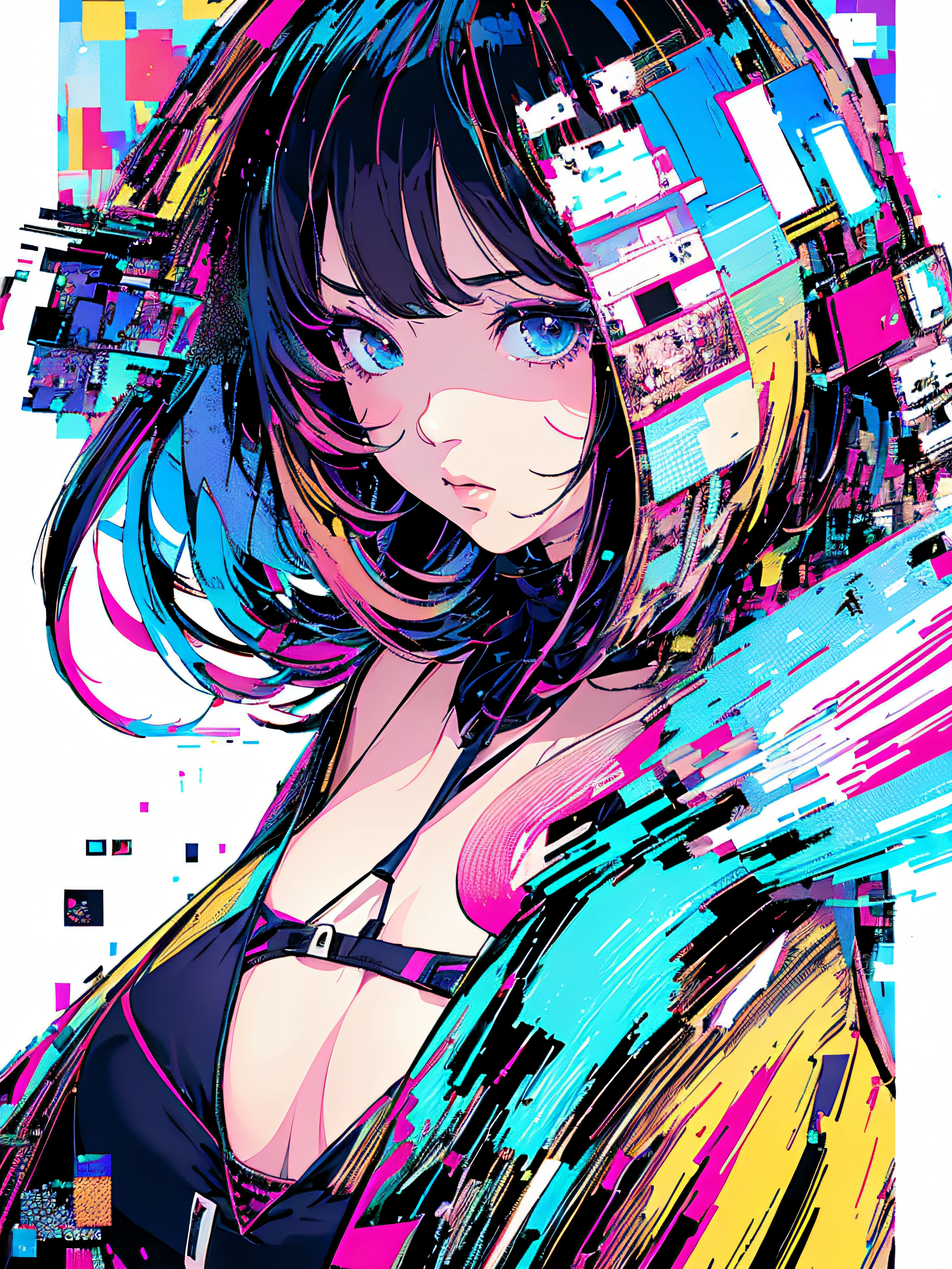 (masterpiece、top-quality、top-quality、Official art、beautifly、Aesthetic:1.2、(1girl in:1.3)、glitch art、(digital distortion)、pixelated fragments、data corruption、Colorful Noise、Visual confusion、modern aesthetic、Runaway light and electricity、Atmospheric swimwear、steam、fumo、A vortex of chaos and madness