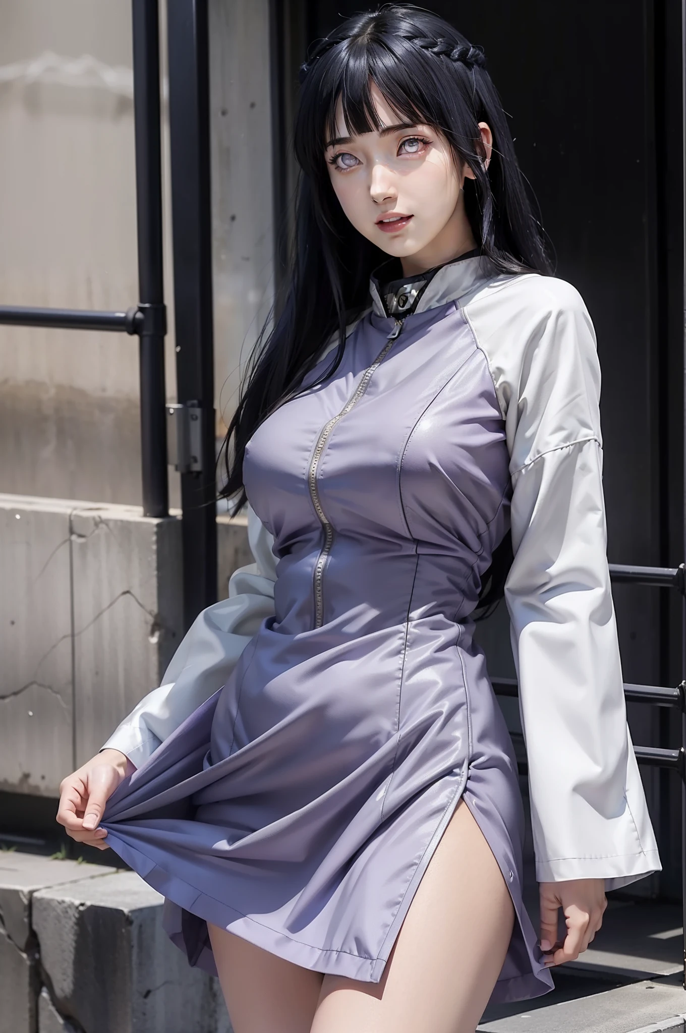1girl, hyuga hinata in anime naruto, long hair, black hair, white eyes, smile, beautiful, sexy dress, sexy clothes, purple clothes, very big breast, realistic clothes, detail clothes, outdoor background, ultra detail, realistic