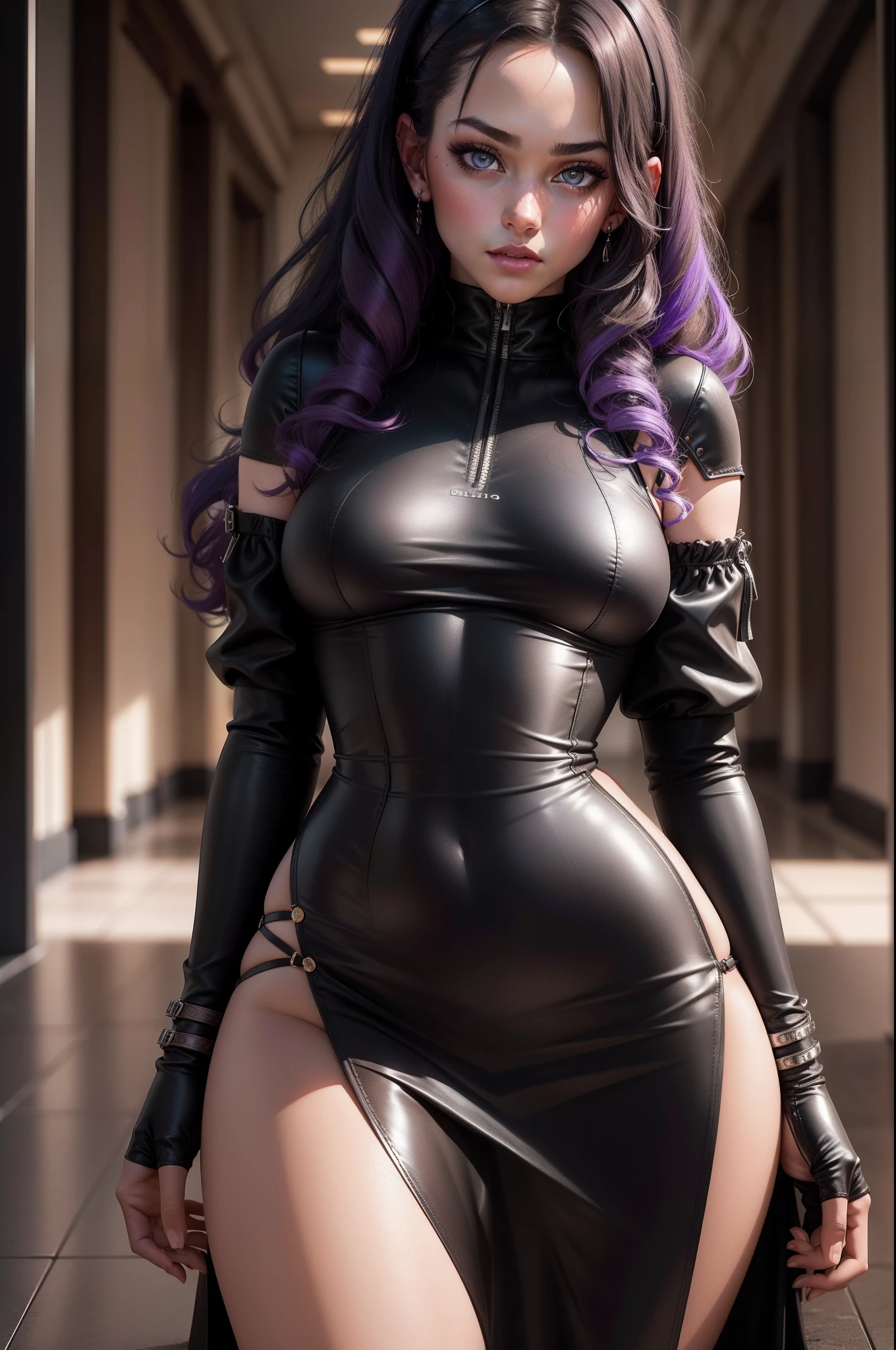 photo of (CyberDutch_V2:0.99), a Woman as a sexy TikTok influencer, modelshoot style, (extremely detailed CG unity 8k wallpaper), photo of the most beautiful artwork in the world, professional majestic (photography by Steve McCurry), 8k uhd, dslr, soft lighting, high quality, film grain, Fujifilm XT3 sharp focus, f 5.6, High Detail, Sharp focus, dramatic, Wearing a mini-dress in black, (looking at viewer:1.2), (detailed pupils:1.3), (natural light), (closeup:1.2), (seductive) , Black Curly Hair, Purple Eyes, photo realism, New Orleans, Instagram Model, Real Woman, E-girl, Leather outfit, Latex, Alternative Model