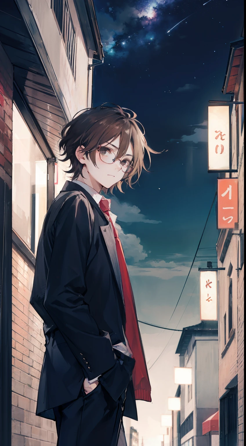 A man, brown hair and black eyes, wearing a glasses, short hair, night, city, badass, mascular